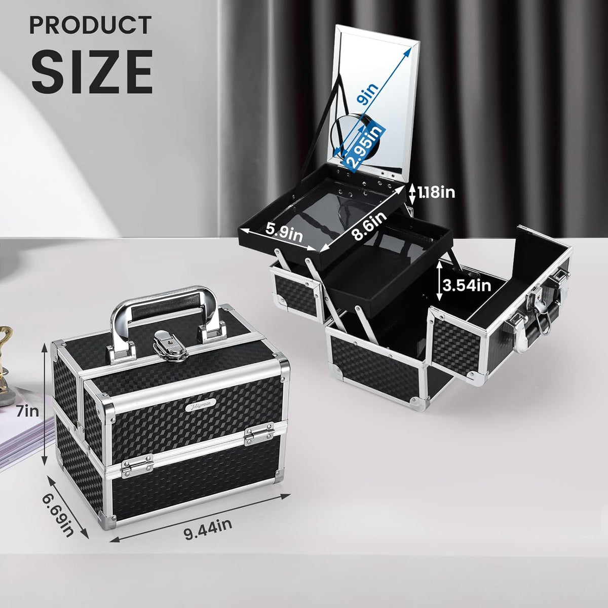 Joligrace Makeup Box Cosmetic Train Case Portable Makeup Organizer Case with Mirror 2 Tray Make up Storage Case for Nail Teach Craft Sewing Travel Vanity Modern Style Black