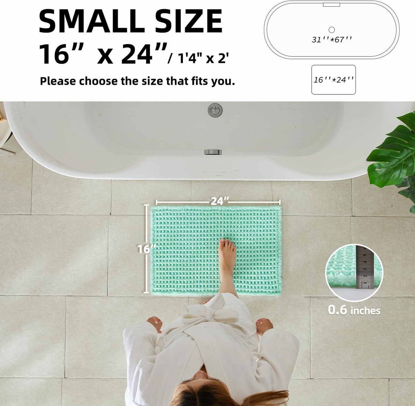 TYUU Waffle Bath Mat, Boho Bathroom Rugs Non Slip Washable Super Absorbent Quick Dry Cute Bath Mat Farmhouse Bathroom Decor, 24"x16" Aqua Blue