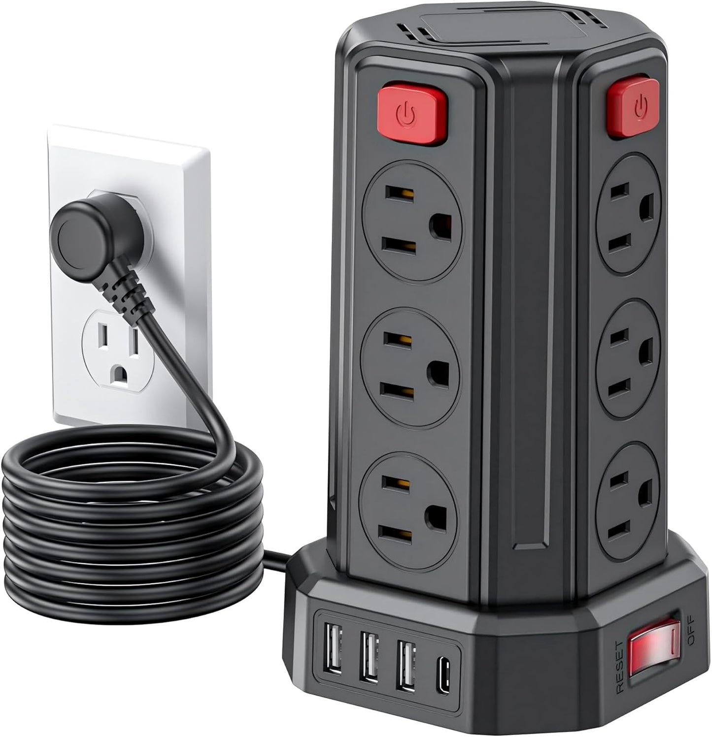 Power Strip Surge Protector, 6.5 Ft Extension Cord with 12 AC Multiple Outlets 4 USB (1 USB C), SMALLRT Power Tower Desktop Charging Station