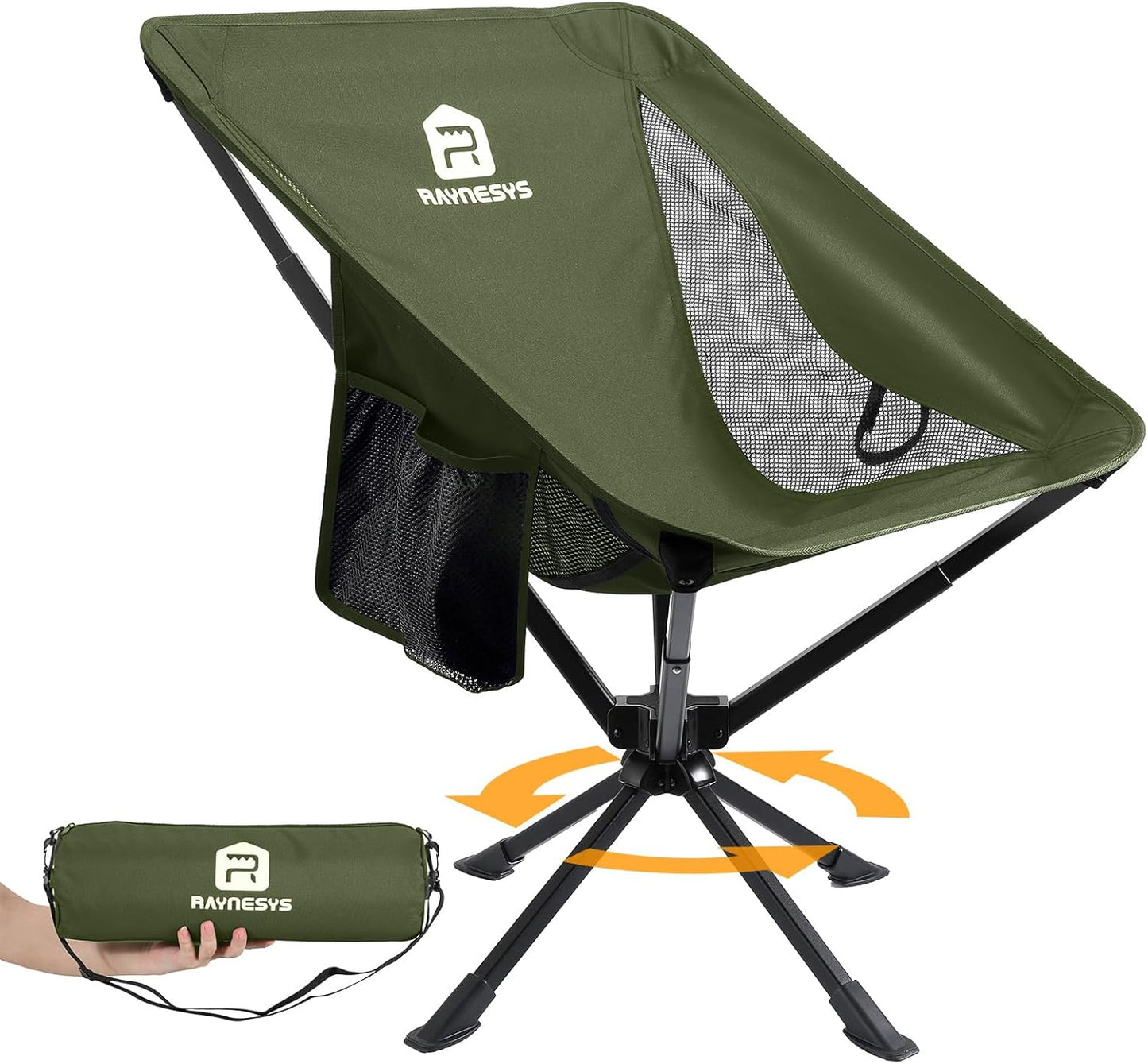 Raynesys Portable Camping Chair 1 Pack, 8 Seconds Quick Setup Folding Camping Chair, Flexible 360° Rotation, 3.8Lb Lightweight Travel Chairs for Easy Carry to Hiking, Sporting, Beach, Army Green