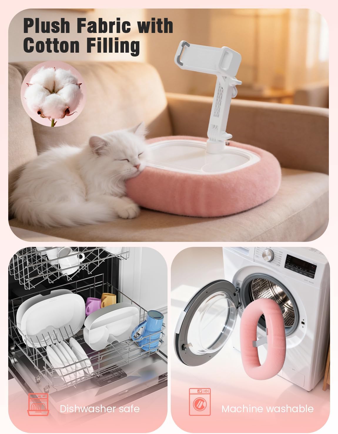 Tablet Kindle Pillow Stand Holder Free Adjustment with 3 Divided Trays Fit 4''-13'' Phone Kindle iPad Holder Stand Ultra Stable for Bed Soft Plus Fabric Dust Cover Lap Desk Kindle Accessories Pink