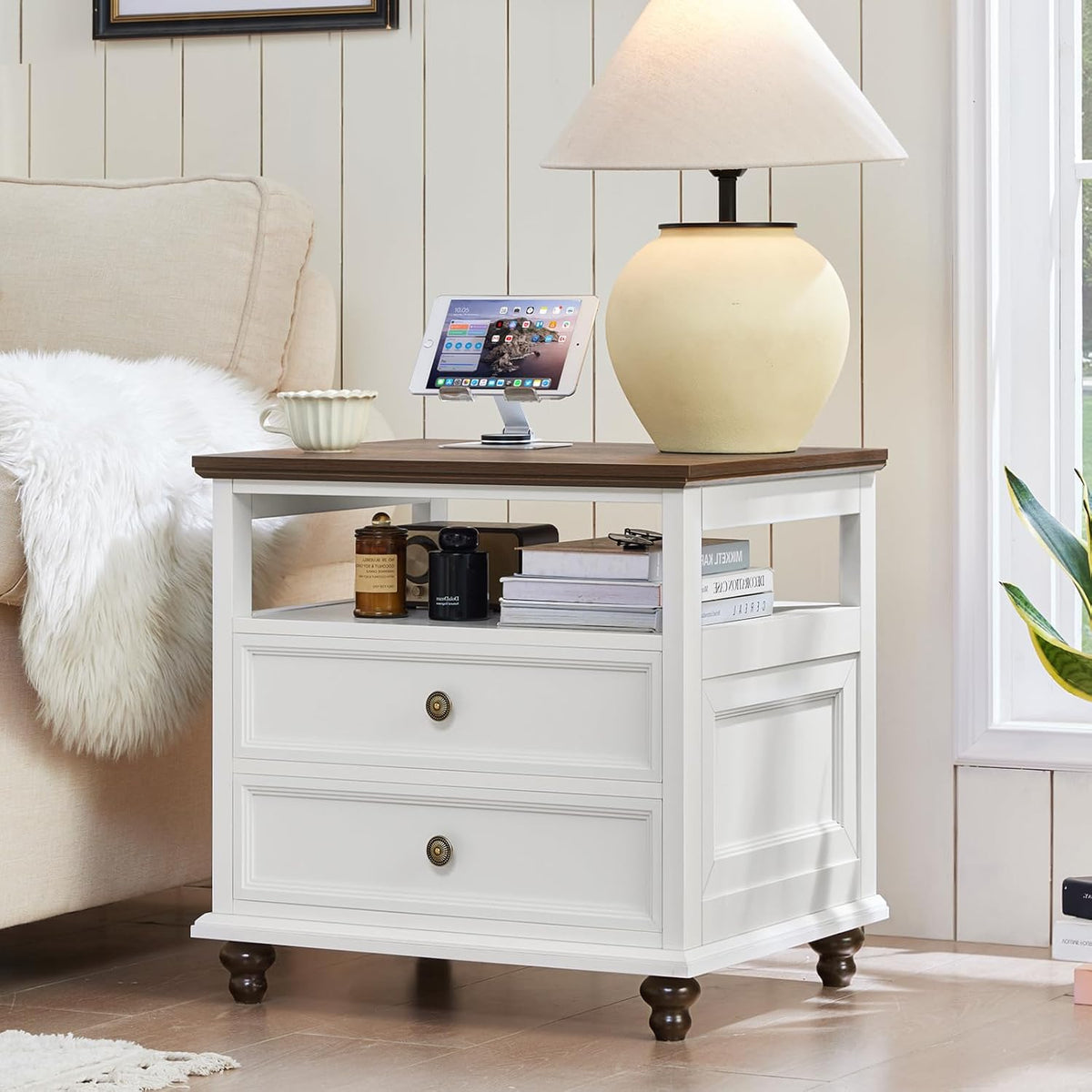Joaxswe 24" Wide Farmhouse Night Stand Set of 2,Large End Table with 2 Drawers & Metal Handle,White Wood Dresser for Bedroom, Bed Side Table Chest of Drawers Cabinet, Nightstand for Living Room,Closet