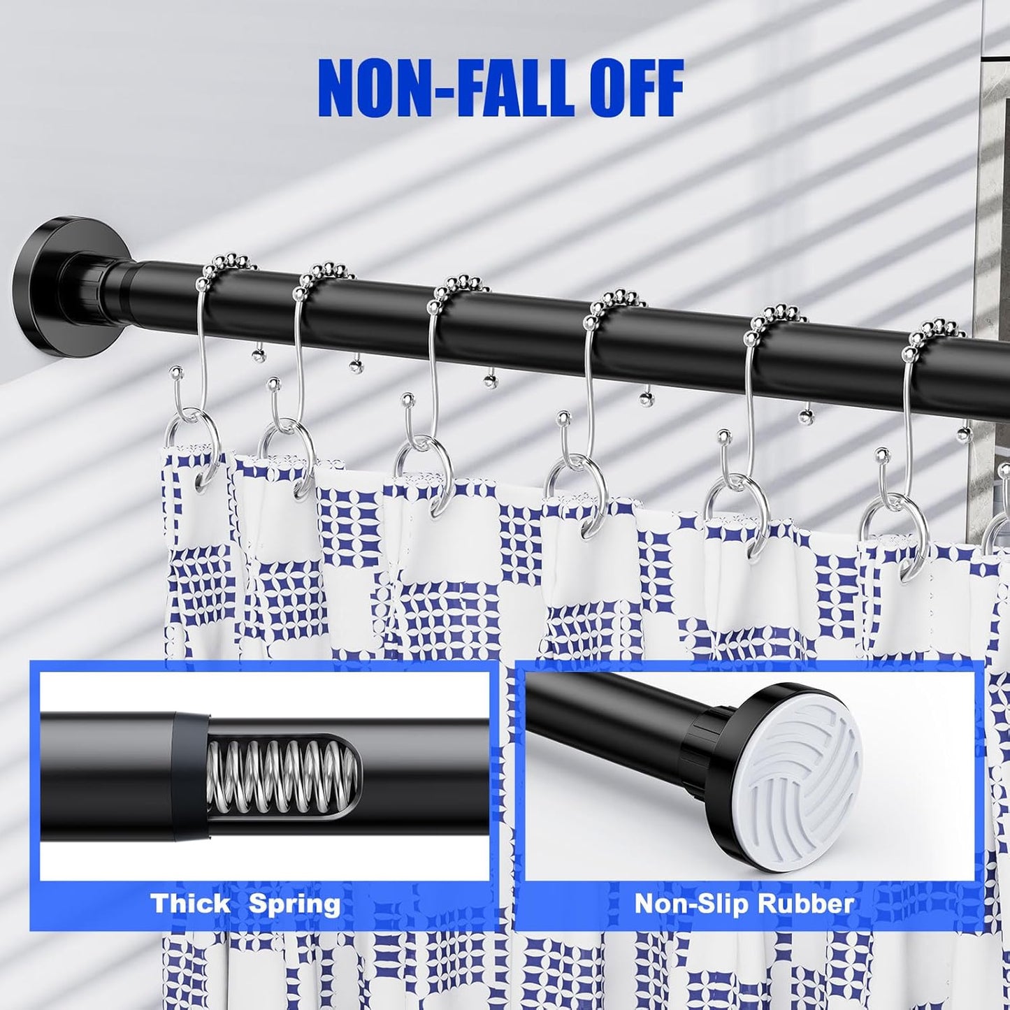 Ausemku Shower Curtain Rod 32-80 Inch Adjustable - Heavy Duty No drill Spring Tension Shower Rod, Non-Slip Rustproof Telescopic Rod for Bathroom, Black