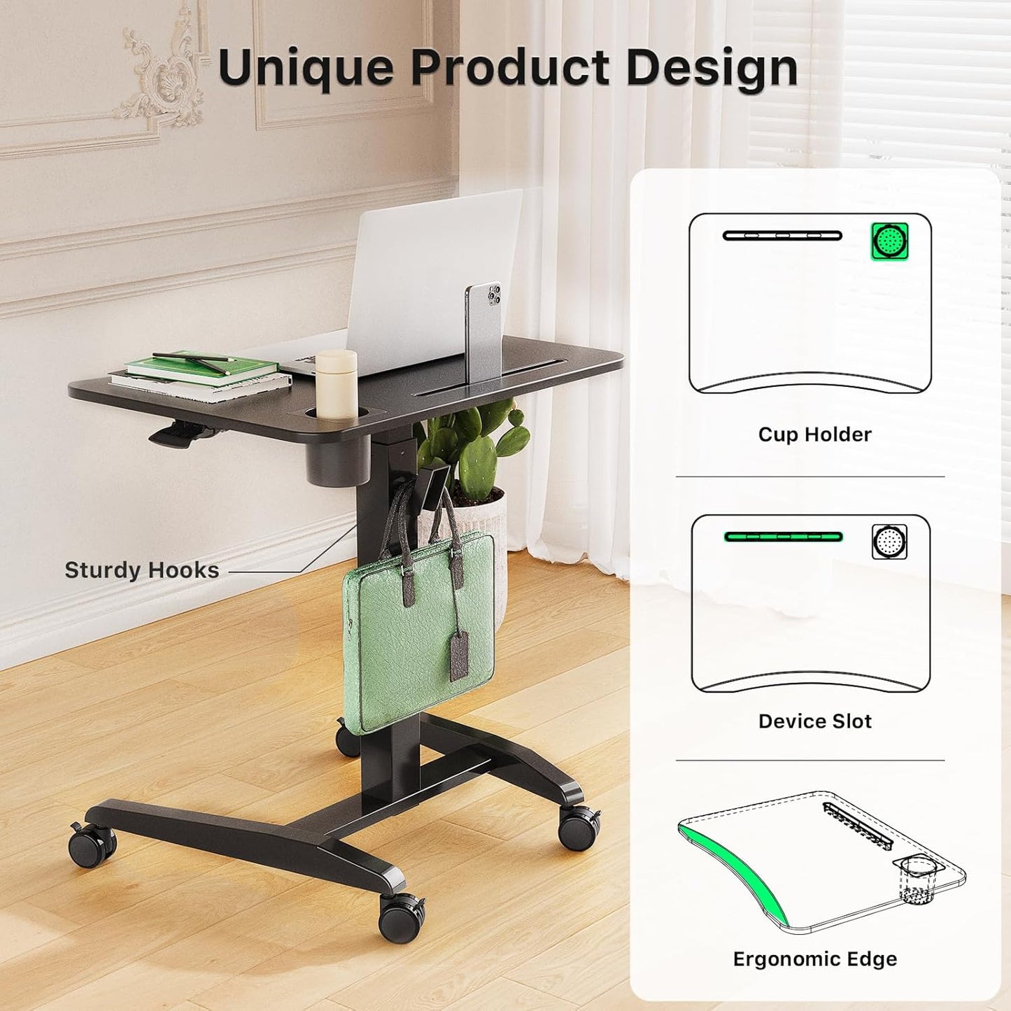 Gibbon Mounts Mobile Standing Desk, Height Adjustable Rolling Laptop Desk with Cup Holder, 27 inches Portable Sit Stand Desk with Wheels and Hook, Pneumatic Computer Table, Black