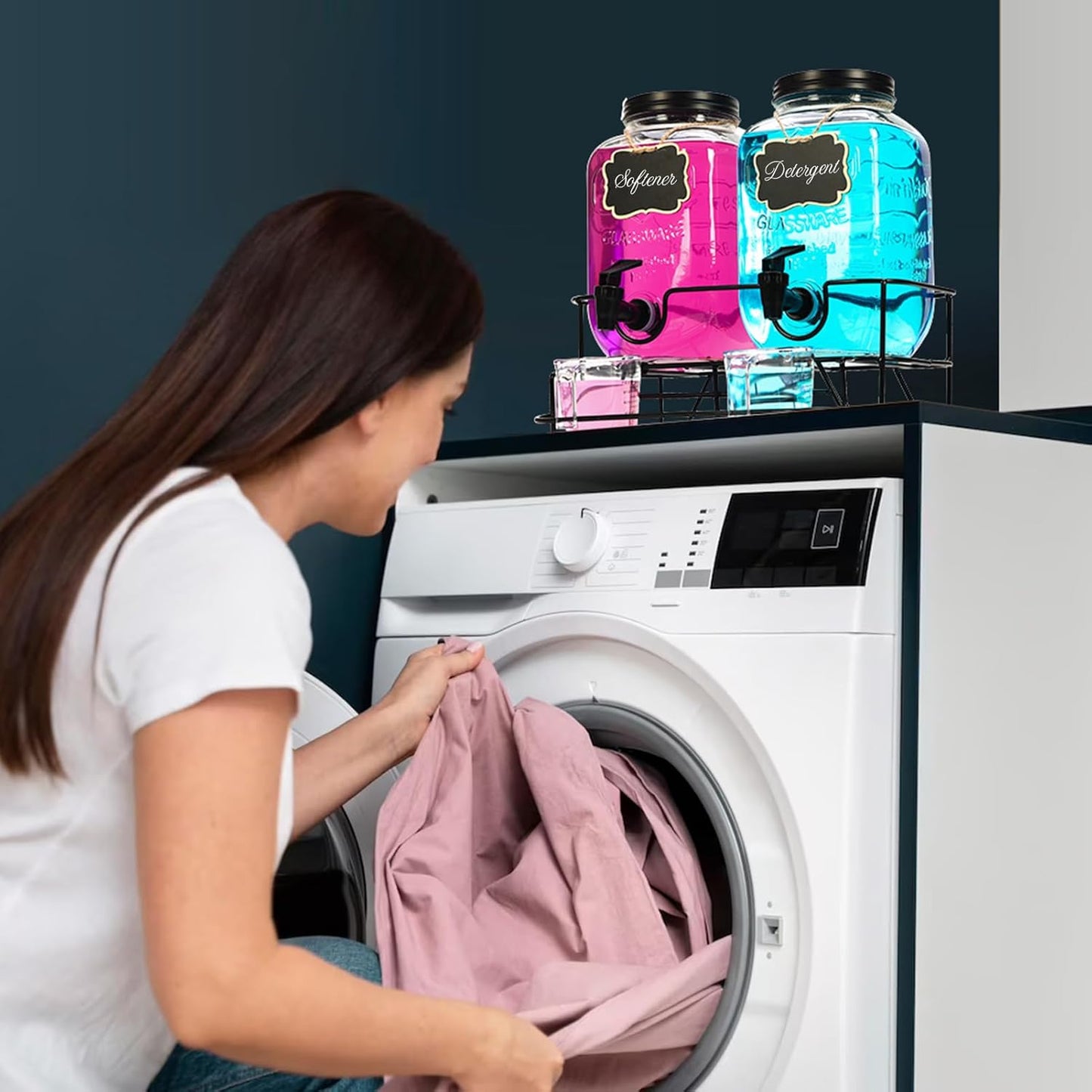 Roetell 2 Sets 1 Gallon Laundry Detergent Dispenser with Stand, Measuring Cup, Glass Laundry Detergent Containr for Laundry Room Organization