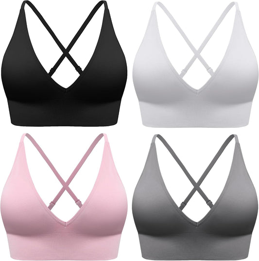 Women's V Neck Sports Bras, Adjustable Seamless Wireless Padded Bralettes