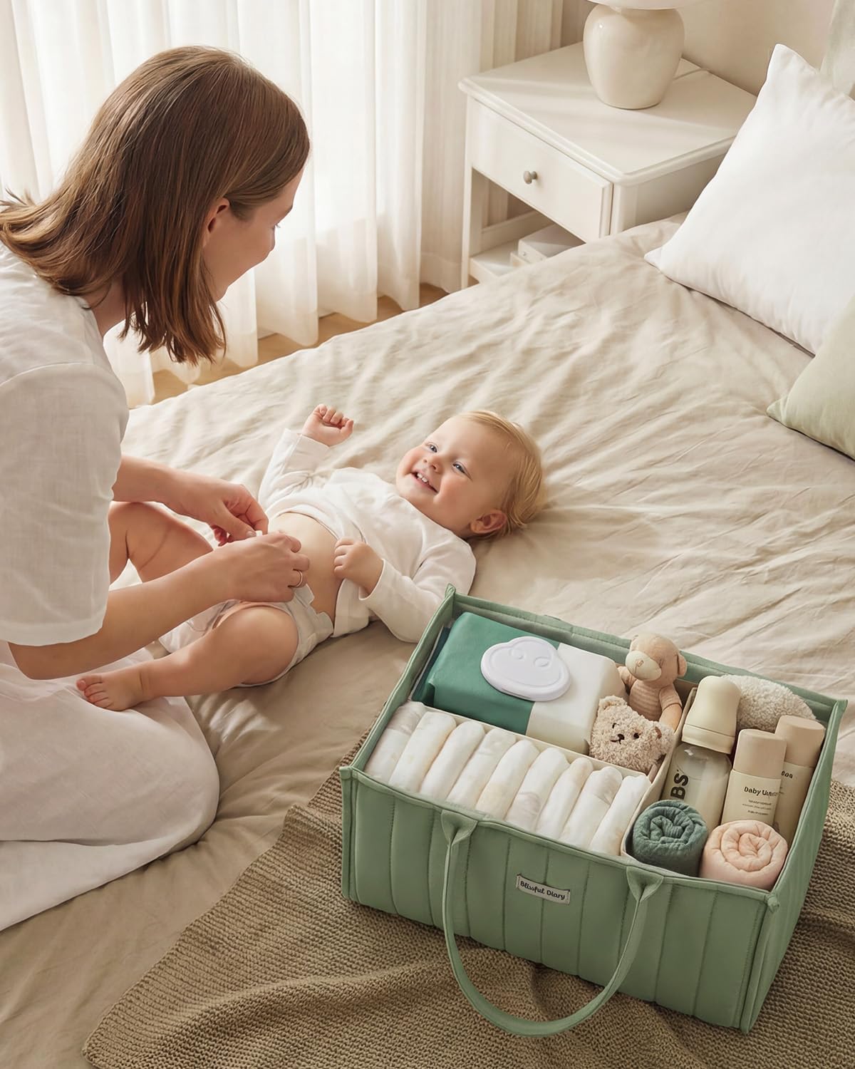 Blissful Diary Baby Diaper Caddy Organizer, Stylish Storage Basket for Newborn Essentials and Diaper Station, Gift for Baby Shower and Registry Must-Have, Sage Green