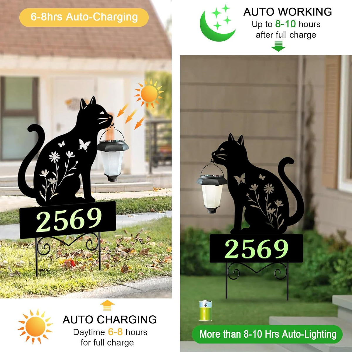 Solar Address Signs for Houses,Metal Cat House Number Outside Yard Stakes