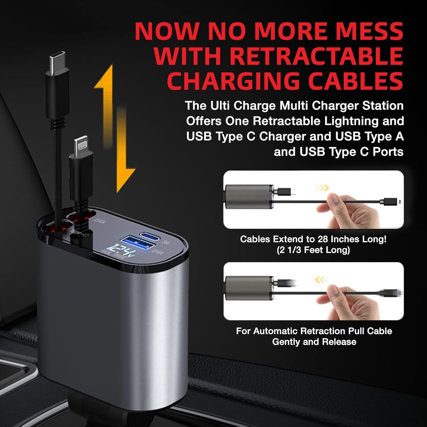 Ulti Charge iPhone Car Charger USB C Fast Charge Charging Retractable Car Charger Auto Adapter, Powerful 120W 4-Port USB-C & USB-A and Lightning iPhone, Samsung, Tablets USBC Charger Block
