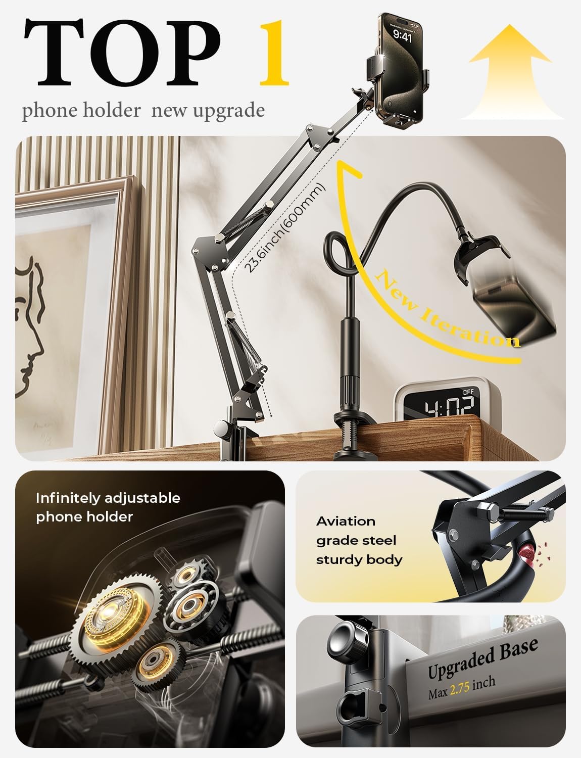 LISEN Gooseneck Phone Holder for Bed Desk [3rd Upgrade] Cell Phone Stand for Desk Bed Gaming Accessories,Gifts for Men Mom Senior Tech Mount for Recording Filming Laying Down Flexible Magic Arm Clamp