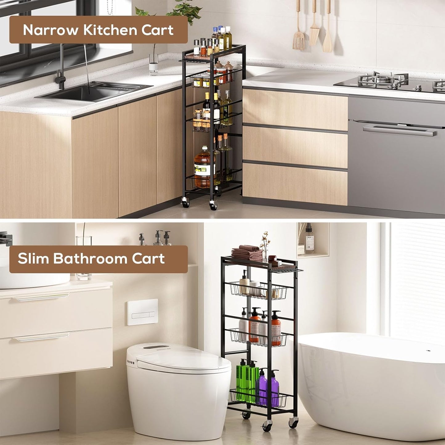 4 Tier Slim Rolling Storage Cart with Pull-Out Baskets, Narrow Sliding Storage Slim Laundry Rolling Cart Between Washer and Dryer