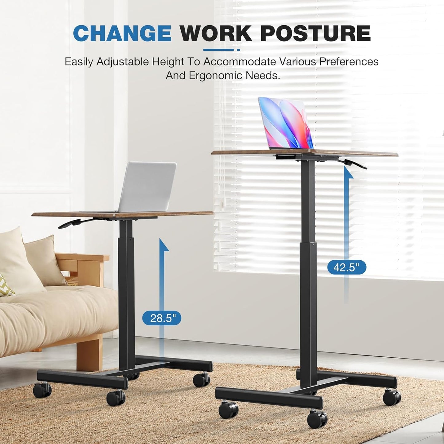 OLIXIS Mobile Rolling Desk with Wheels Small Standing Laptop Desks Portable Pneumatic Adjustable Height Sit Stand Table Computer Workstation for Home Office Rustic Brown