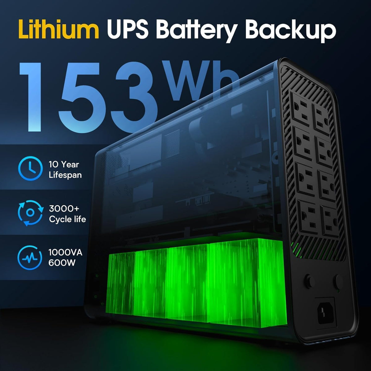 GOLDENMATE 1000VA/600W Lithium UPS Battery Backup & Surge Protector, White