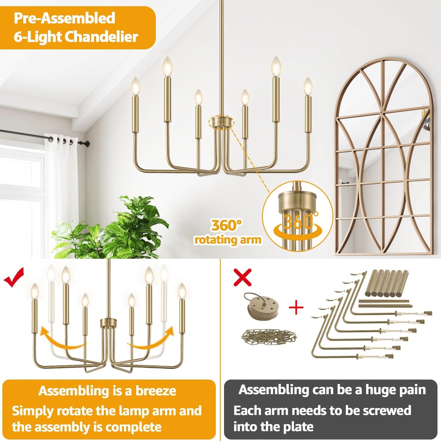 Lynnoland Brass Chandelier, 6-Light Farmhouse Chandeliers for Dining Room Lighting Fixtures Hanging, Vintage Candle Pendant Light Light Fixture for Bedroom, Kitchen, Foyer and Living Room