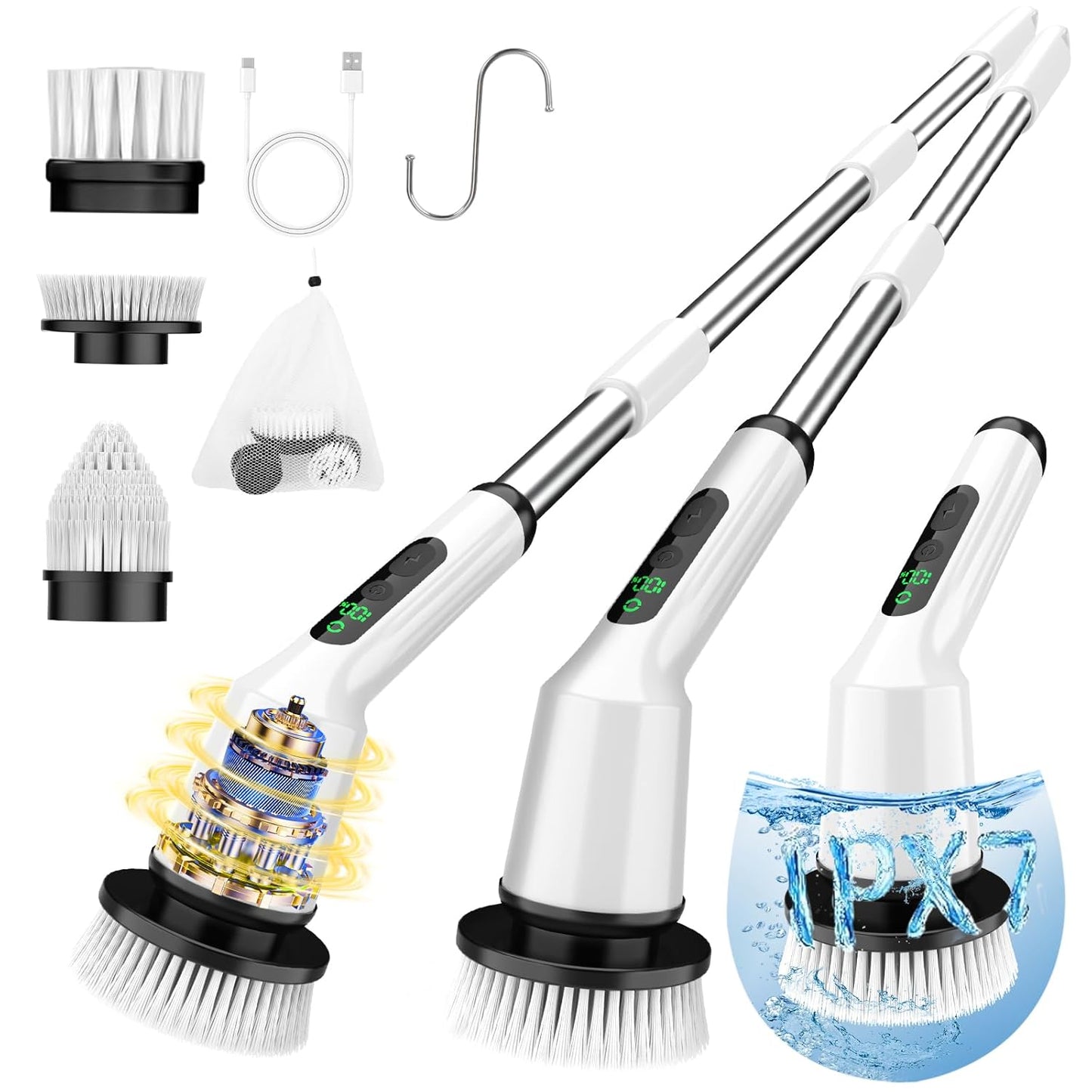 Electric Spin Scrubber for Cleaning Bathroom, Shower Scrubber Cordless Cleaning Brush with IPX7 Waterproof & 2 Speed, 3 Brush Heads, Bathroom Cleaning Supplies for Shower Tub Kitchen Tile Toilet White