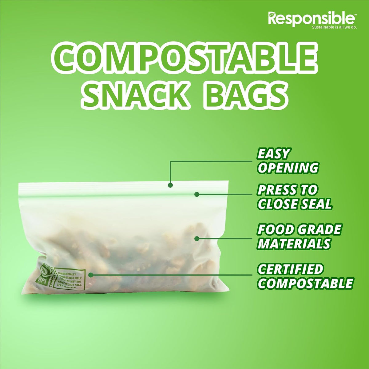 Responsible Products Certified Compostable SNACK Resealable Zip Bag, Extra Strength Food Bags, Plant-Based Freezer-Safe (40 Pack)