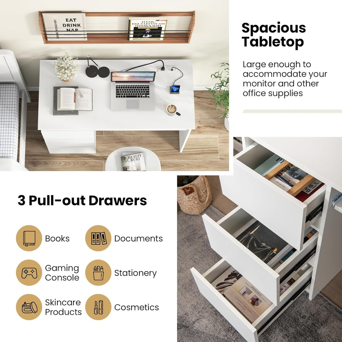 Tangkula White Desk with 3 Storage Drawers & Built-in Charging Station, Home Office Desk with Keyboard Tray, PC Desk Study Writing Table, Vanity Table for Bedroom, Computer Workstation (White)