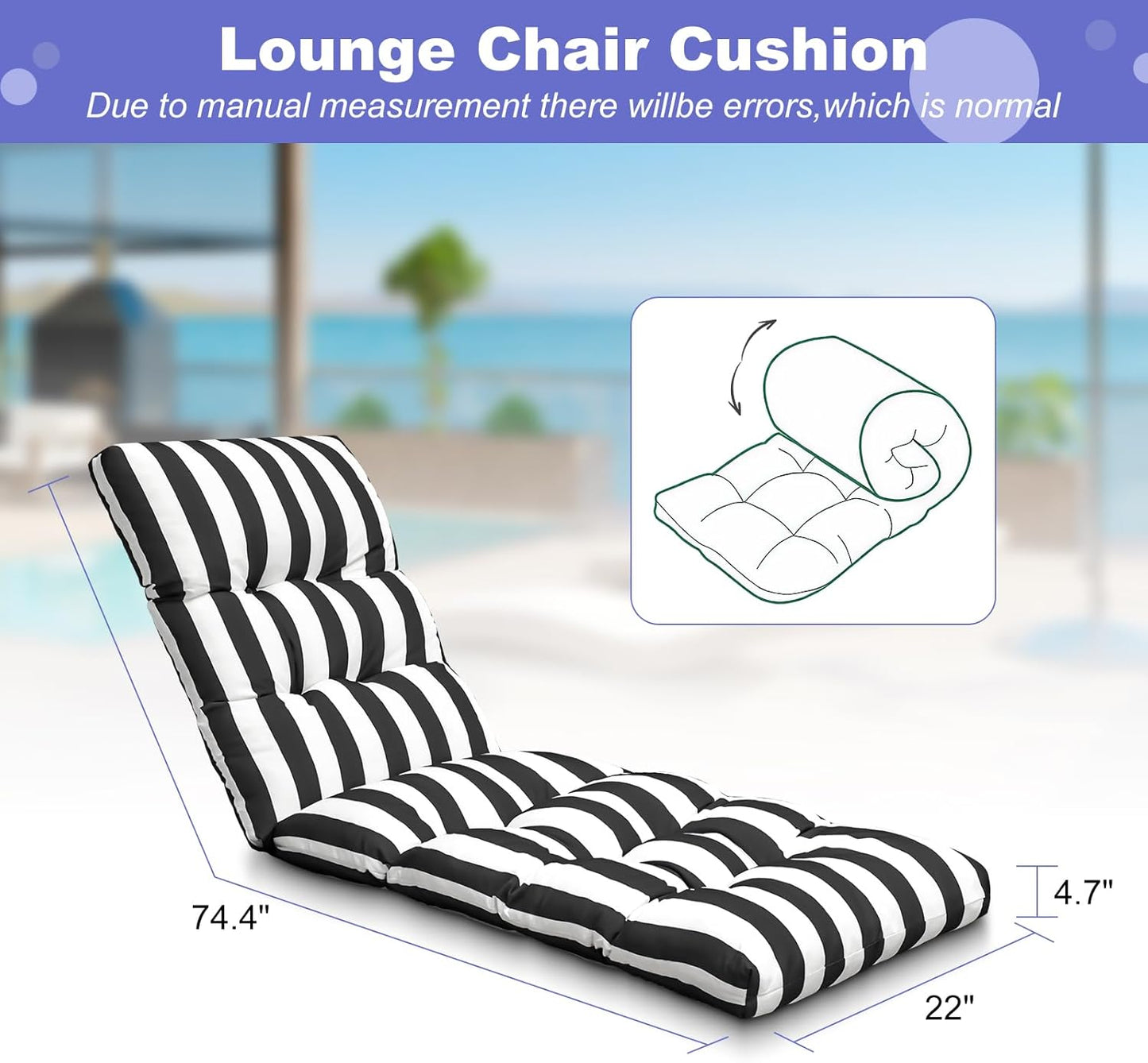 Outdoor Lounge Chair Cushions, 74.4 x 22 x 4.7 Inches Waterproof Fade Resistant Patio Cushion for Chaise Lounger