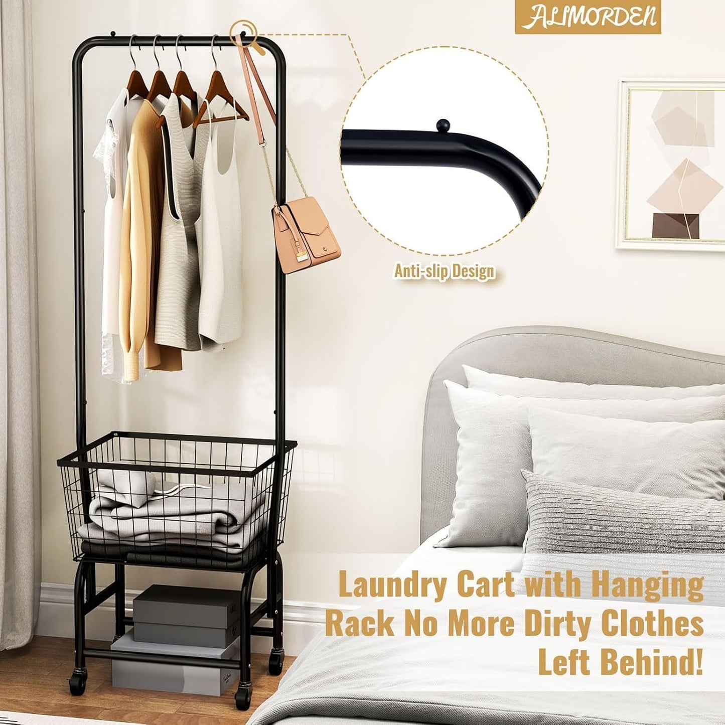 ALIMORDEN Laundry Cart with Clothes Rack, Rolling Laundry Butler with Wire Storage Rack，Black