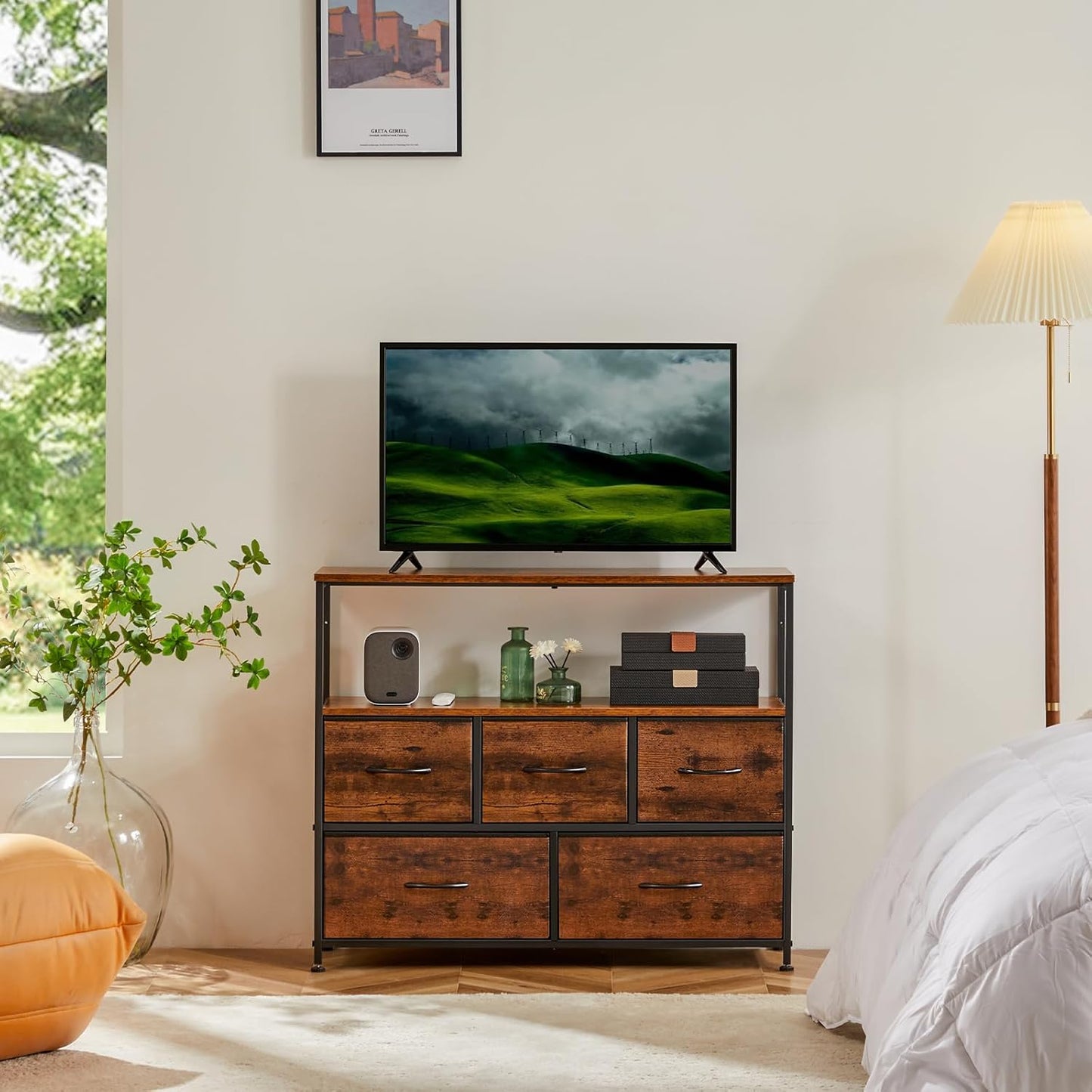 DUMOS TV Stand, Dresser with 5 Fabric Storage Drawers, Media Console Featuring Open Shelf for TV, Compact Entertainment Unit for Bedroom, Living Space, or Dorm Organization, Brown