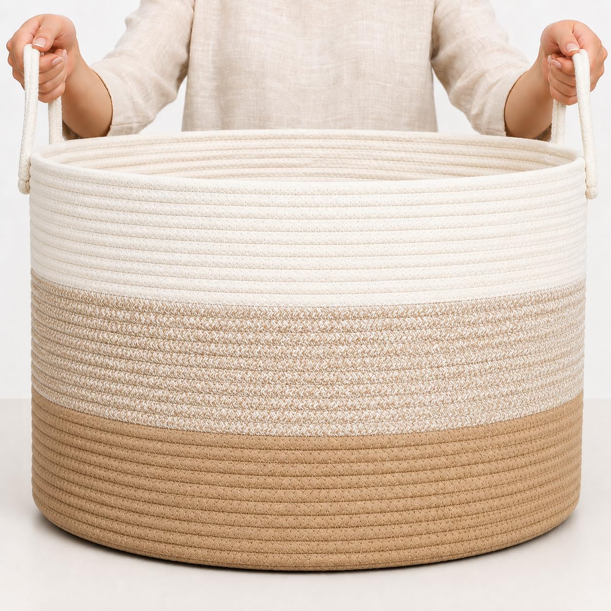OrganiHaus Round Toy Basket & Blanket Basket, Cotton Rope 20x13" | 3-Toned Honey - Round Cotton Rope Basket, 20x13"