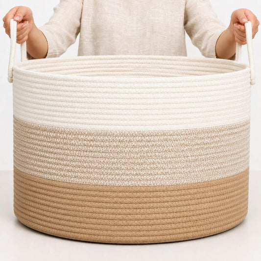 OrganiHaus Round Toy Basket & Blanket Basket, Cotton Rope 20x13" | 3-Toned Honey - Round Cotton Rope Basket, 20x13"