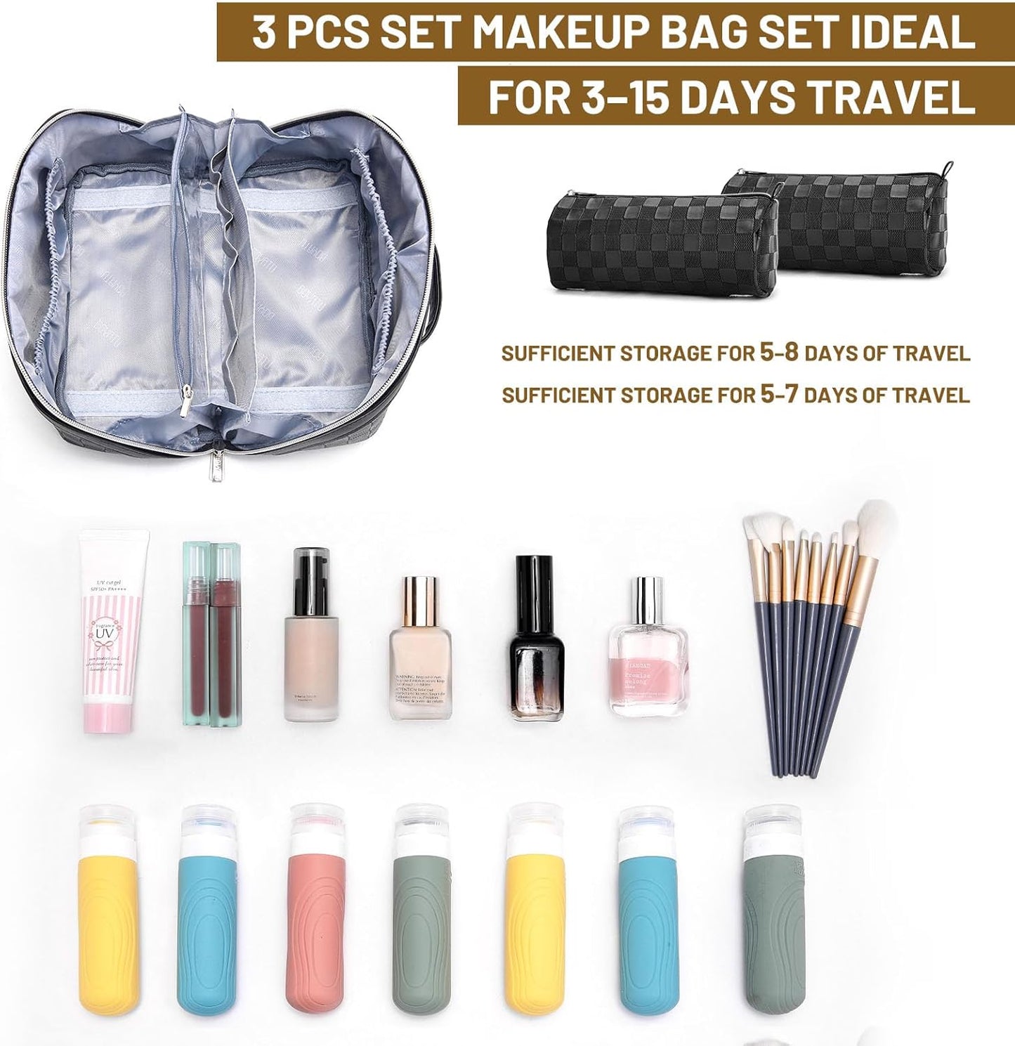 BOYATU Travel Makeup Bag Organizer: 3 Pcs Set Large Capacity Cosmetic Bags Holds 10–20 100ml Full-Size Bottles for 3–15 Day Trips - 180°Open-Flat Make up Case 3-sec touch-up - Toiletry Bag Gift women