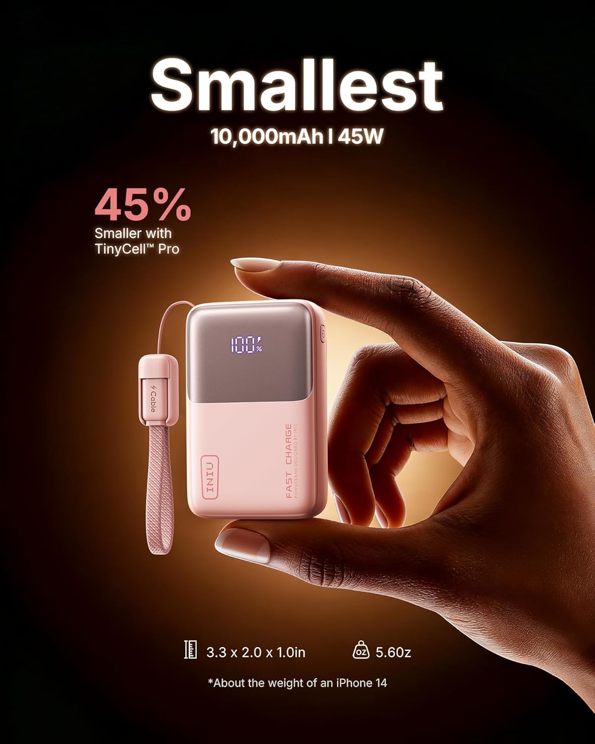 INIU Portable Charger, Ultra Mini 10000mAh 45W Fast Charging Power Bank, USB C Battery Pack with Cable, Flight-Safe Travel Powerbank for Women Girls Cute Nano Compact Sleek, Light Pink