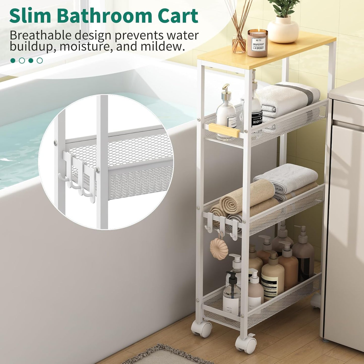 TIPGO Utility Slim Storage Cart, 4 Tier Rolling Cart with Wheels, Narrow Storage Cabinet for Bathroom, Laundry Shelves for Room Organization, Small Organizer for Kitchen, Office and Dorm (White)