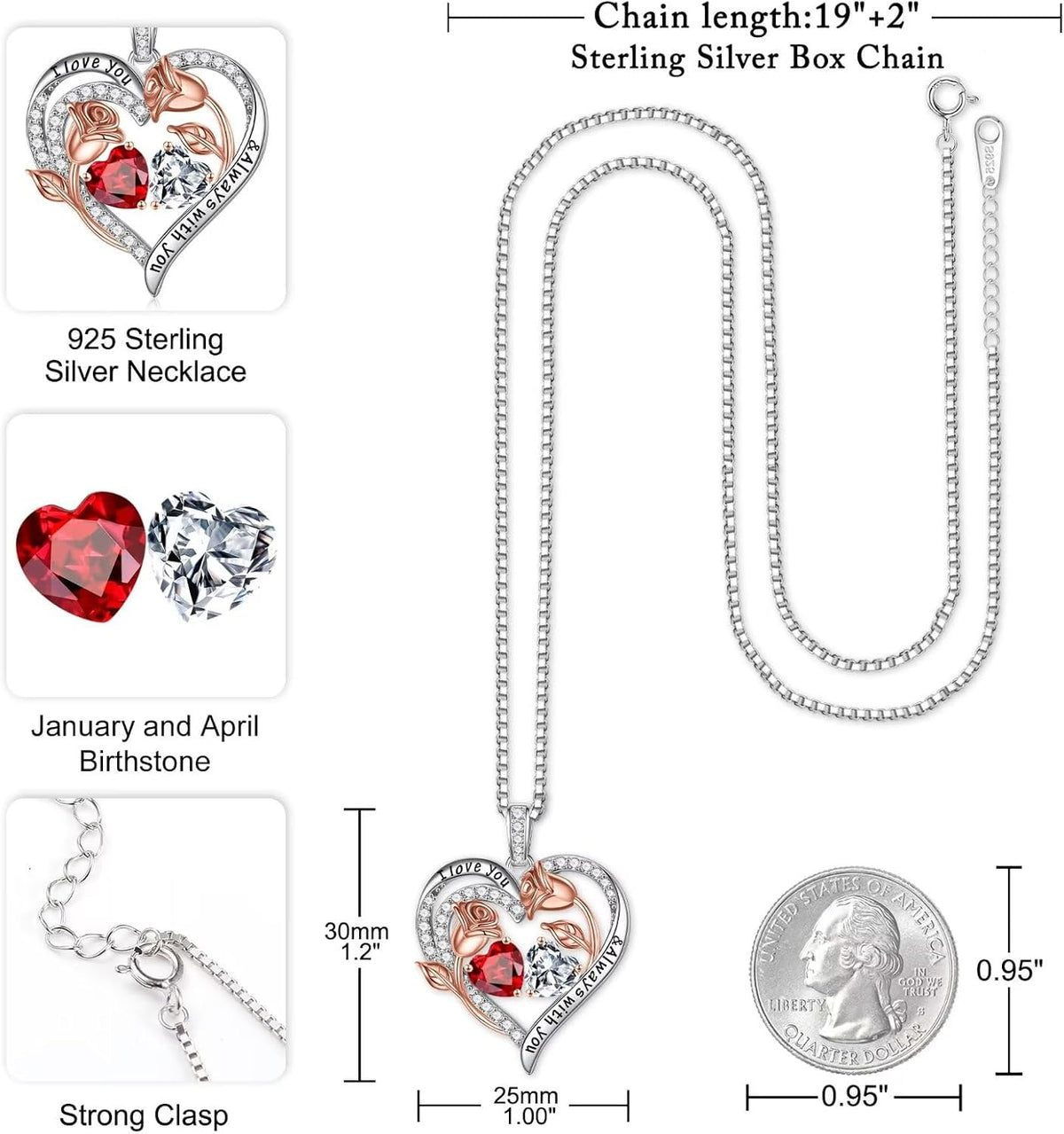 Iefil Birthstone Necklace for Women - Rose Heart Necklace
