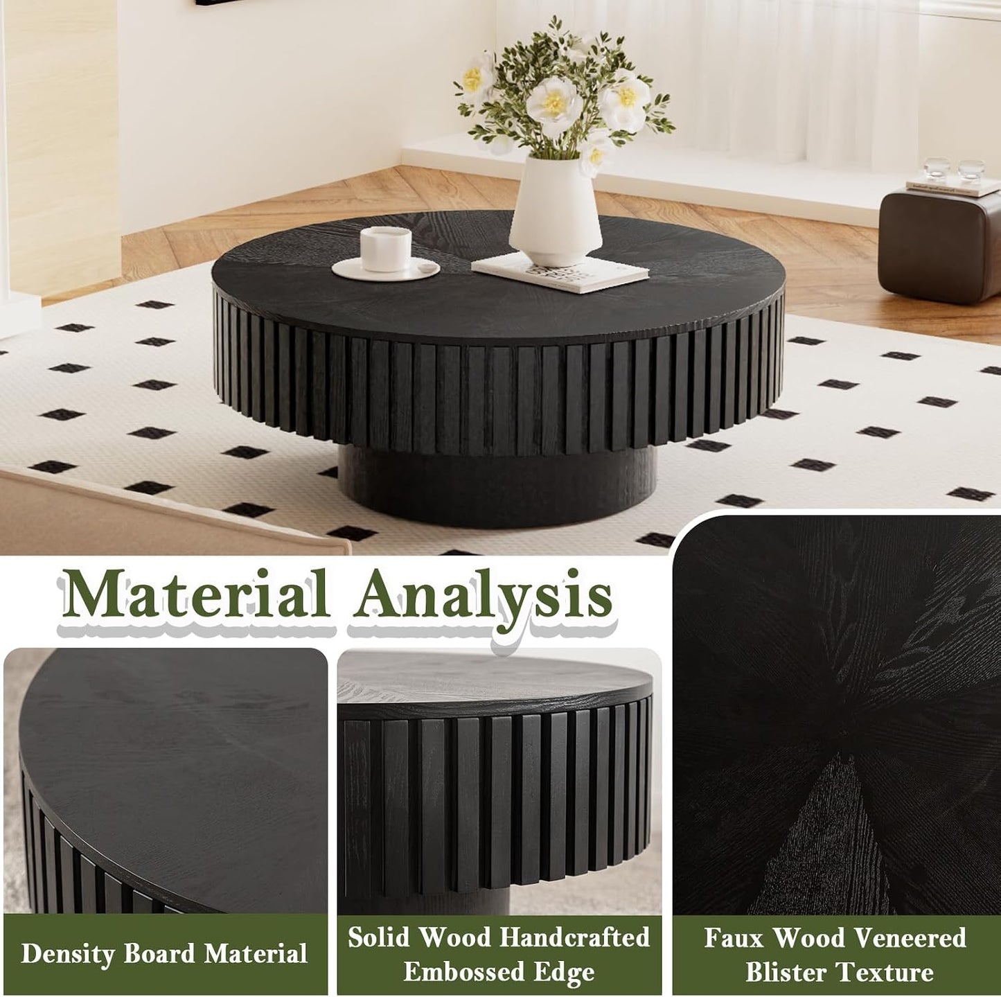 31 inch Black Round Fluted Coffee Table with Storage (B, 1PC) | Mid Century Modern Style, Low Circle Drum Center Table with Flip-Top, Wood Fluted Stripe, For Living Room, For Small Space