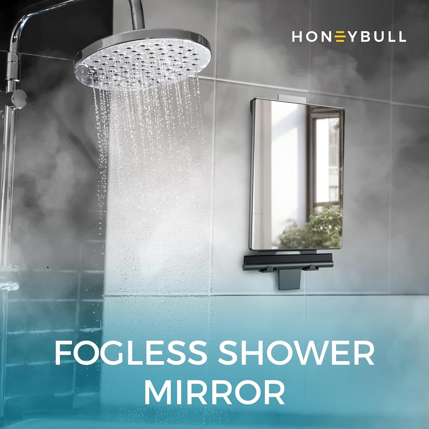 HONEYBULL Fogless Shower Mirror for Shaving – Anti Fog Mirror for Shower with Water Tank, Adhesive Hook Mount, Bonus Razor Holder & Squeegee – for Men and Women, Small Bathroom Accessory (Black)