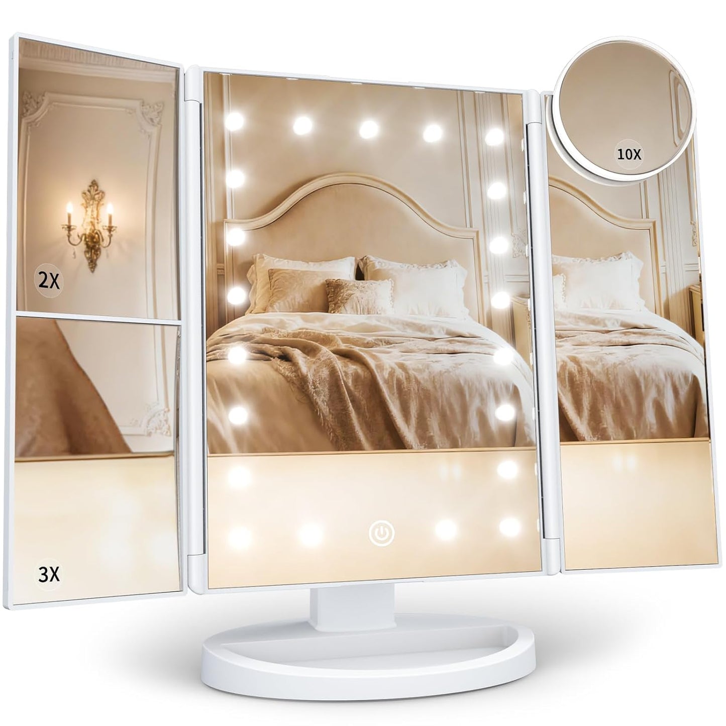 HUONUL Makeup Mirror, Vanity Mirror with Lights, 2X/3X/10X Magnification, Touch Control, Trifold, Dual Power Supply, Birthday Gifts for Women, Wife, Mom, Girls,Dorm Room Essentials