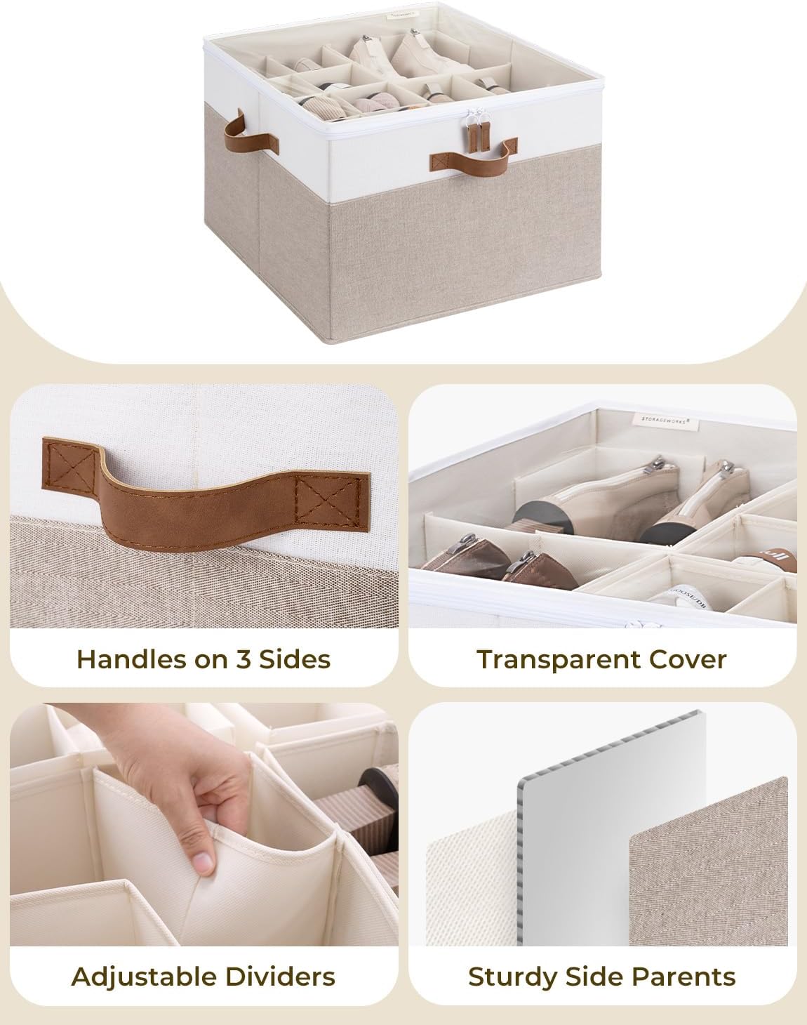 StorageWorks 16-Pair Fabric Shoe Storage Box for Closet, Brown and White
