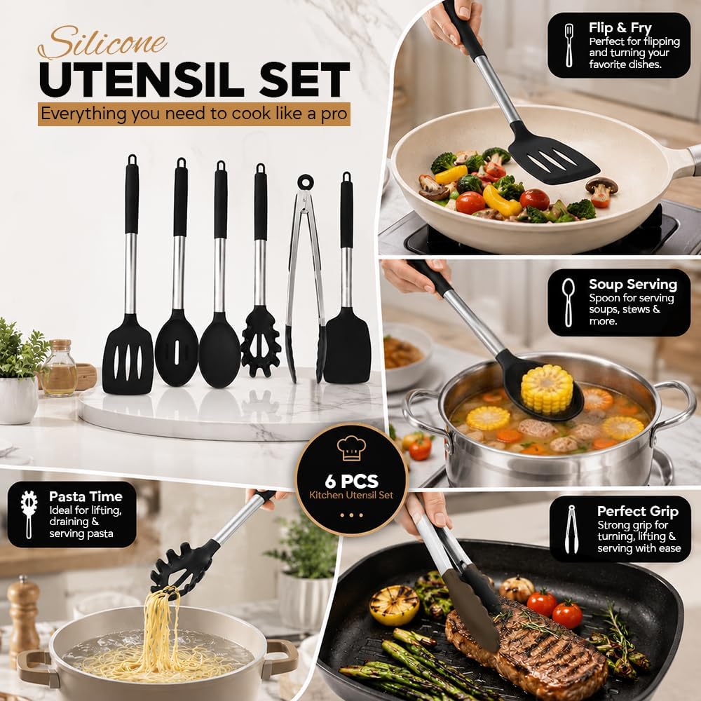 Silicone Cooking Utensils Set 6 PCS, Heat Resistant Non Stick Spatula Spoon Turner Kitchen Tools – BPA Free Non-Toxic Utensils for Nonstick Pots Pans, Baking Mixing Serving Accessories, Black