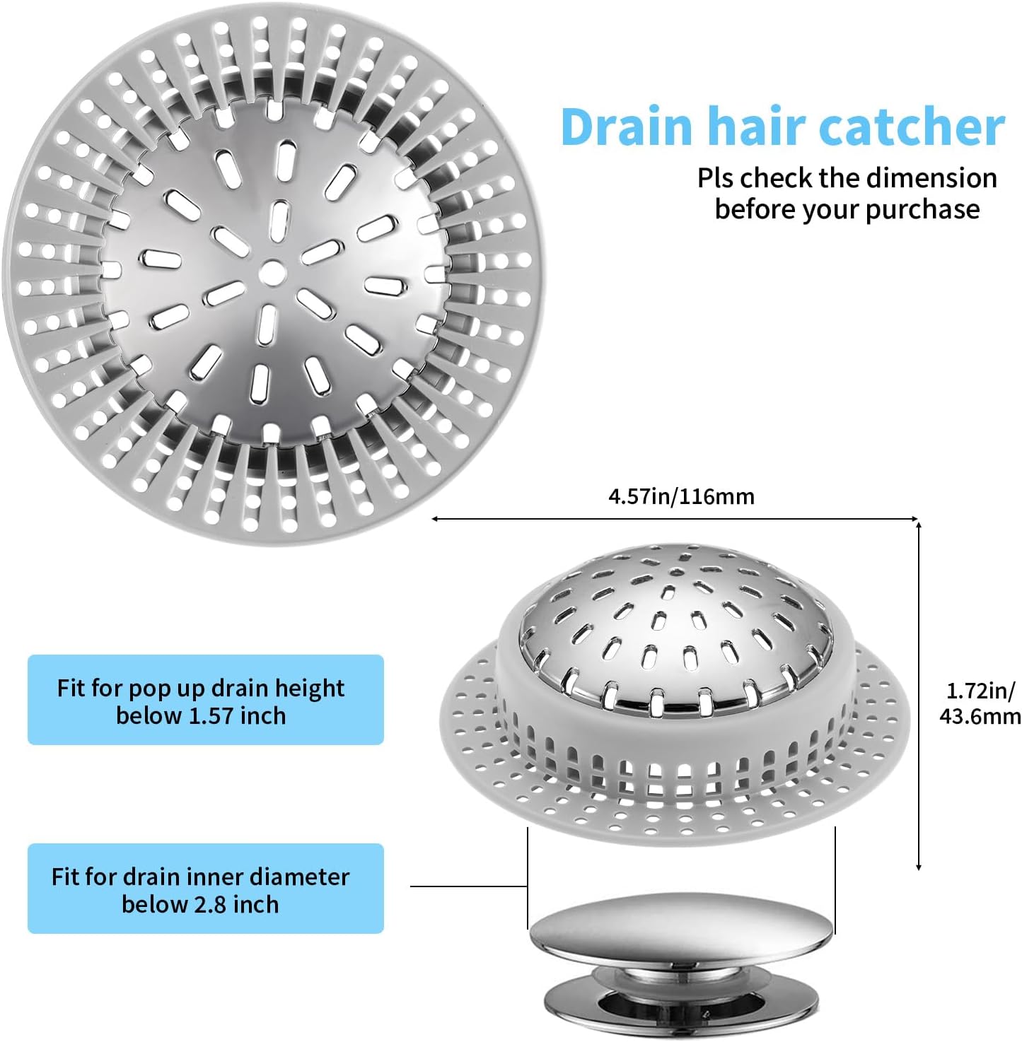 Aluvor Bathtub Drain Hair Catcher Shower Drain Cover Sink Drain Protector for Pop-Up & Regular Drains, Grey