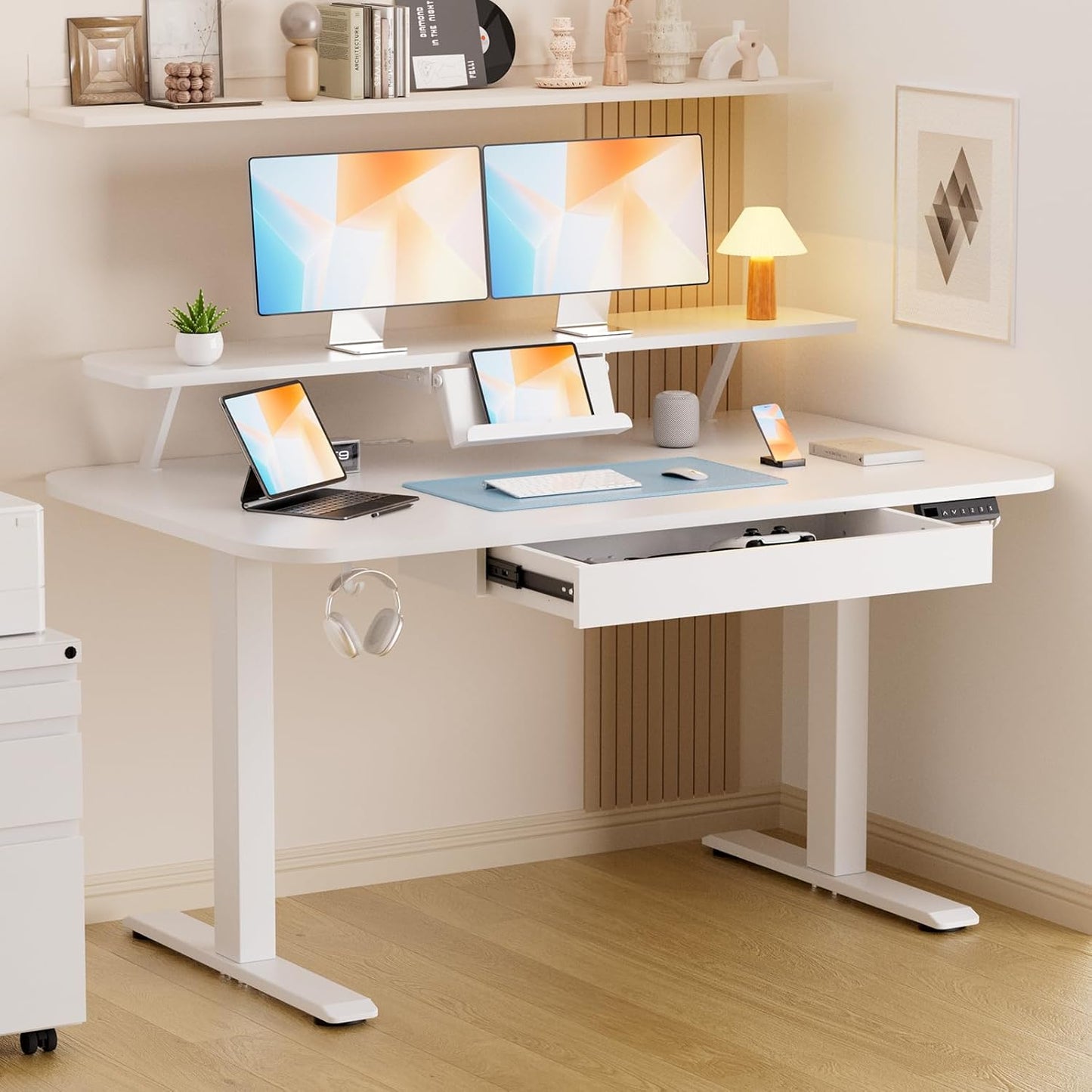 GTPLAYER Electric Standing Desk with Drawers, 48 x 24 Inches Height Adjustable Computer Desk with Monitor Stand, Laptop Stand, Sit Stand up Desk with Memory Preset for Home, Office, Ivory White