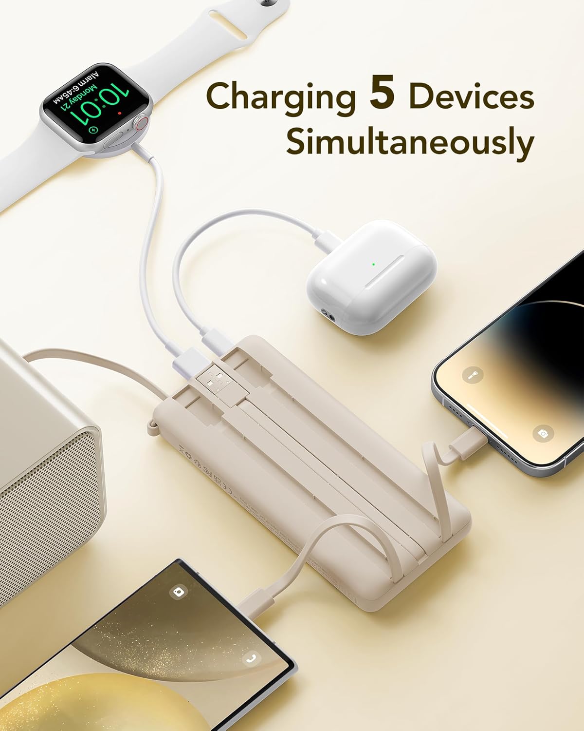 VRURC Portable Charger Power Bank,10000mAh Travel Essentials Battery Pack, 5 Outputs 2 Inputs Slim USB C Charging Bank Built-in 4 Cables for All Cell Phones, Samsung,Android-Light Coffee(1 Pack)