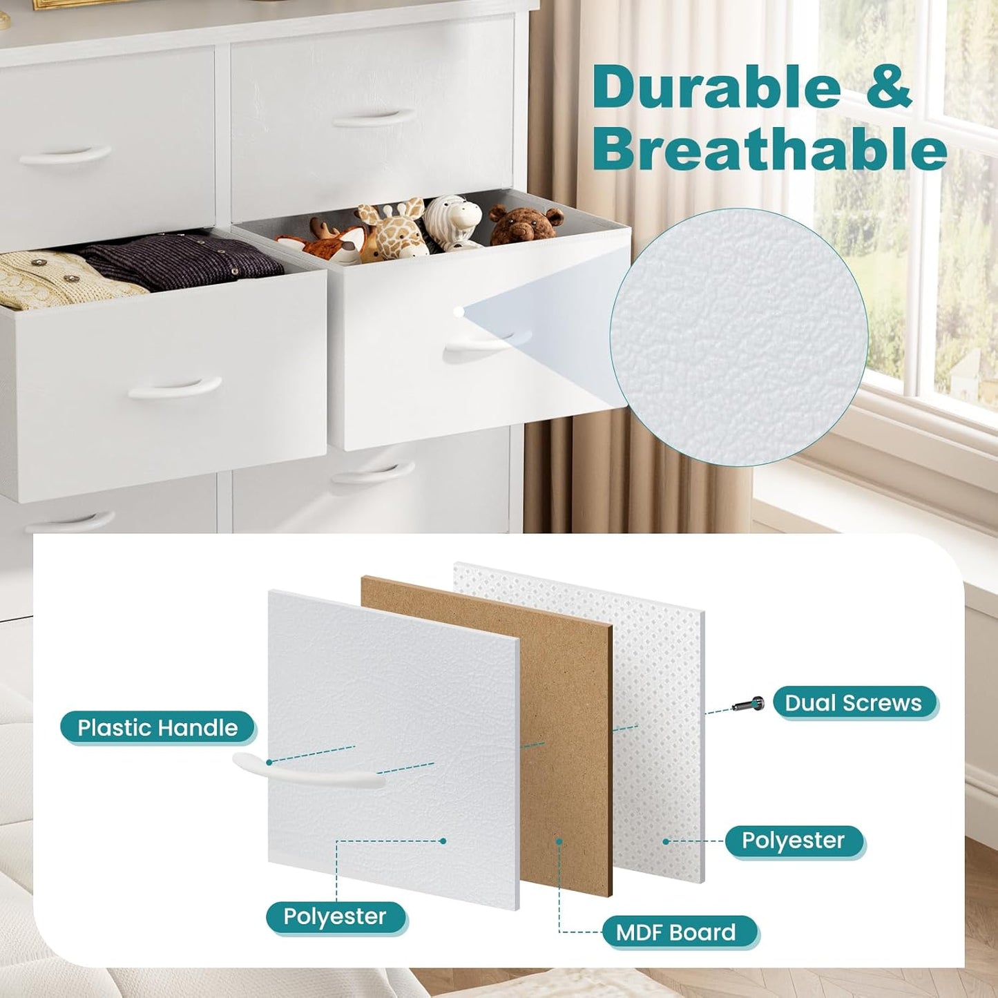OLIXIS 8 Drawer Storage Dresser with Wood Top - Wide Fabric Chest Organizer for Bedroom, Closet, Living Room,Tower Cabinet, TV Stand, Hallway Entryway Furniture,White