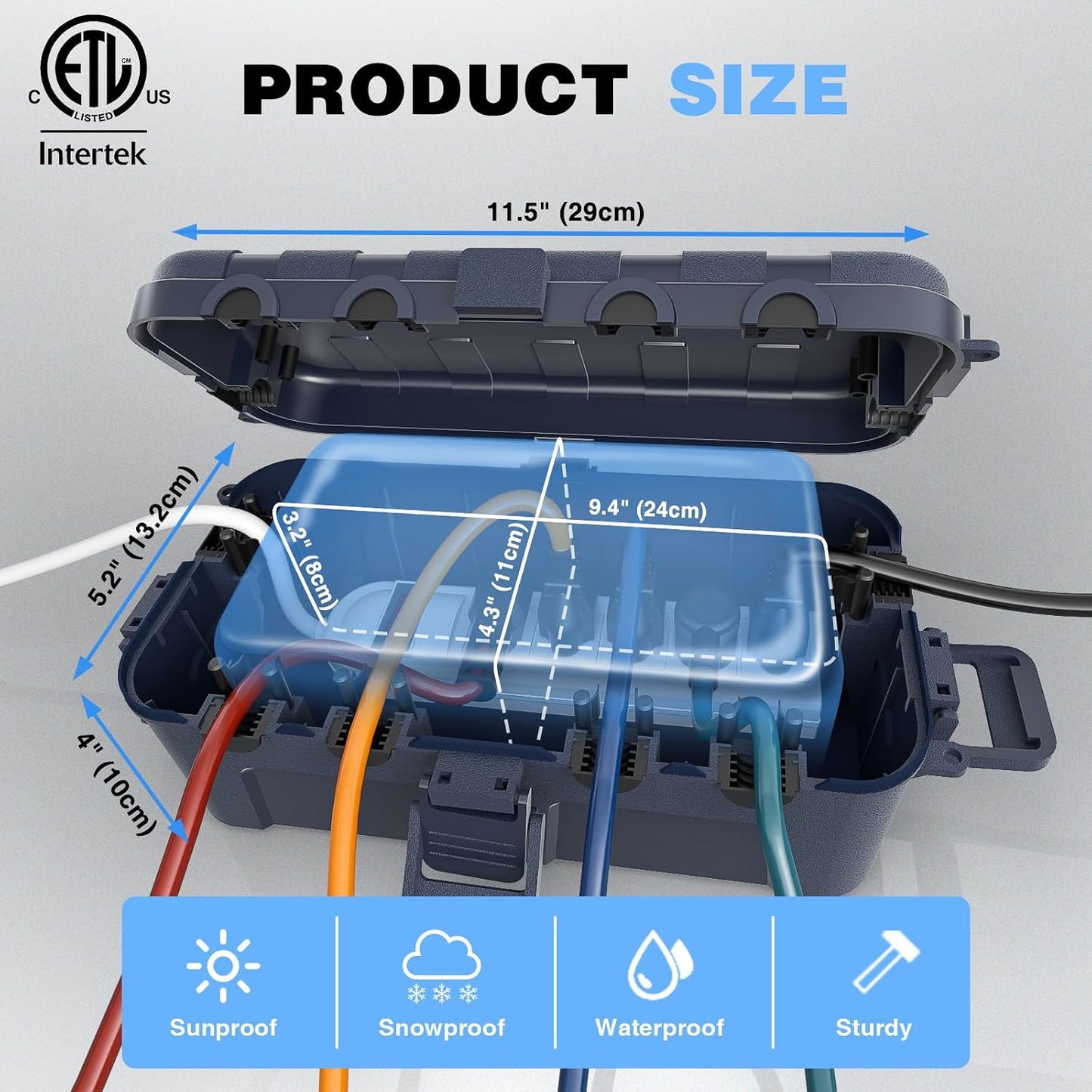 Flemoon Medium Outdoor Electrical Box, IP54 Waterproof Extension Cord Cover | Inner Size 9.4 x 4.3 x 3.2 Inch, 6 Cable Entry Ports, Weatherproof Connection Box for Outlet, Holiday Lights, Gray, 2 Pack
