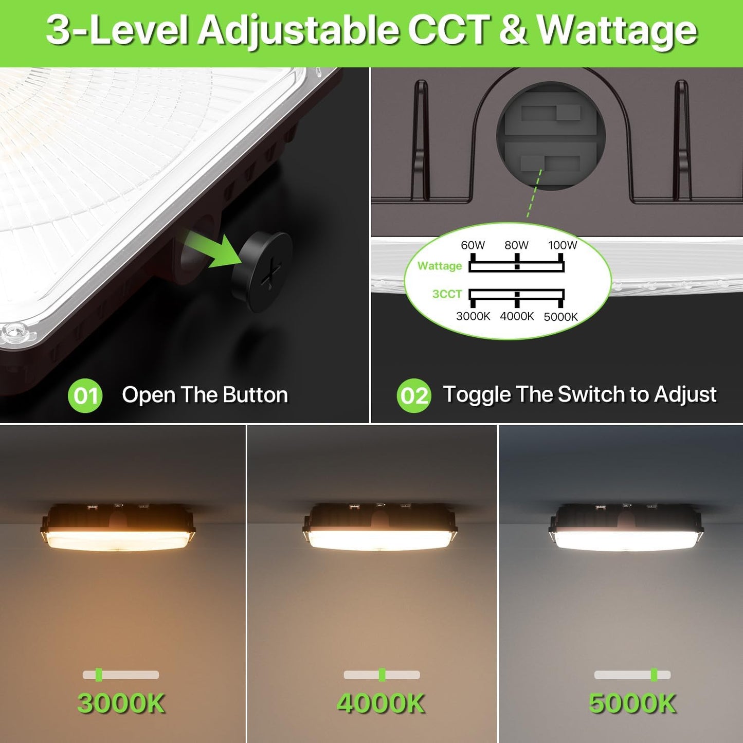 Glitgate 100W LED Canopy Light, 100W/80W/60W Adjustable, 3000K/4000K/5000K 3CCT Selectable Canopy Lights, 110/120V IP65 Outdoor Waterproof Commercial Ceiling Light for Parking Lot, Garage, Gas Station