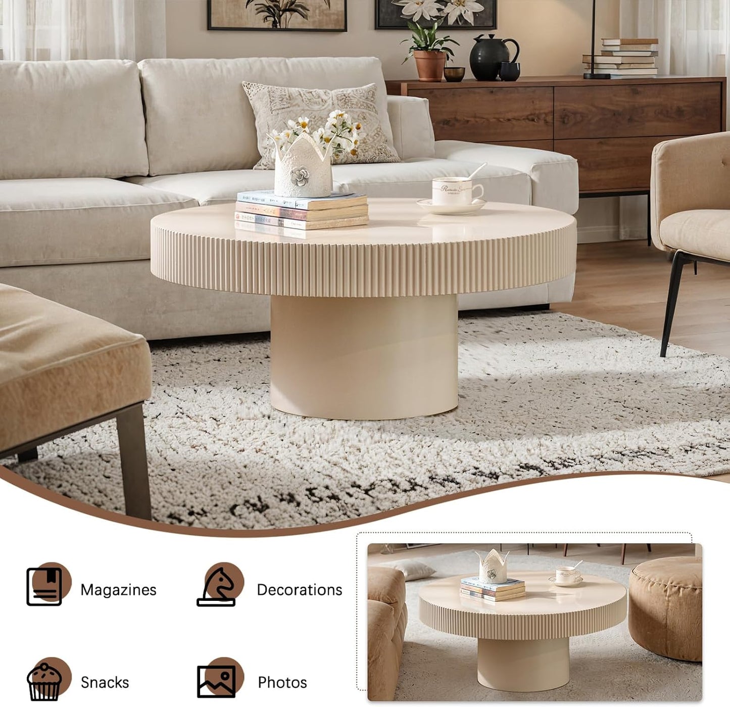 30.71" Round Drum Coffee Table,White | Modern Handcraft Fluted Accent Table, Sturdy Pedestal Circle, Luxury Center Table, For Living Room Home Office