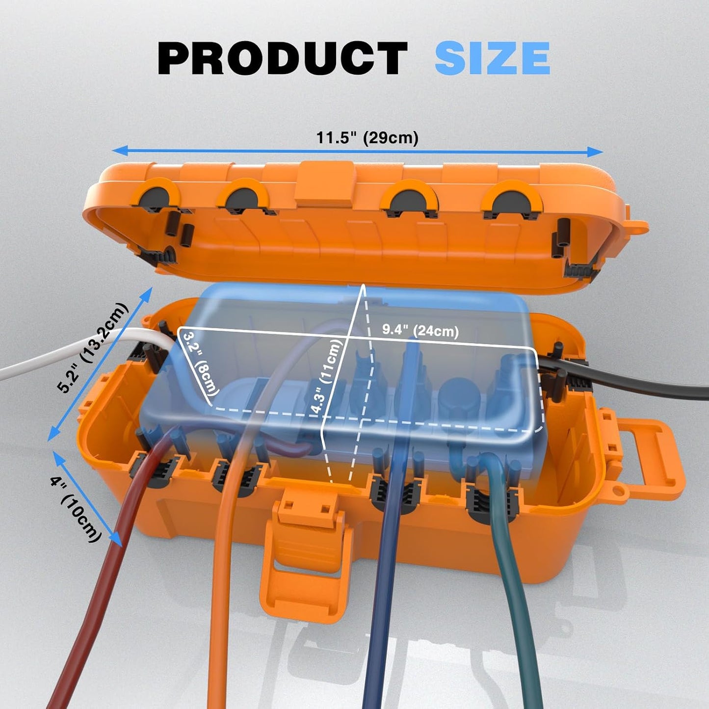 Flemoon Medium Outdoor Electrical Box, IP54 Waterproof Extension Cord Cover | Inner Size 9.4 x 4.3 x 3.2 Inch, 6 Cable Entry Ports, Weatherproof Connection Box for Outlet, Holiday Lights, Orange, 2 Pack