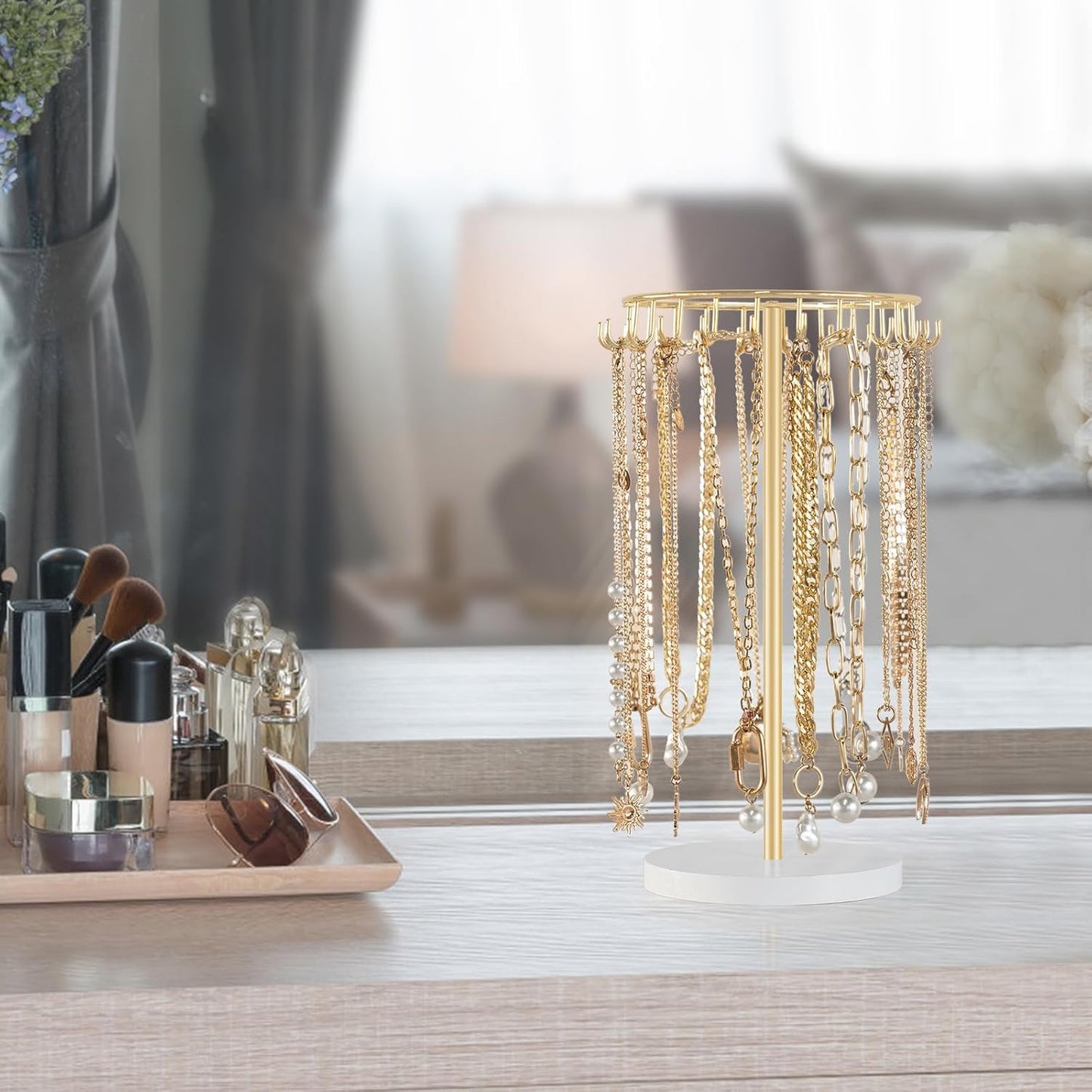 Mkono Necklace Holder Metal Jewelry Display Stand Necklace Organizer with 22 Hooks for Storage and Hanging Bracelet Keychain Home Room Decor for Women,Gold