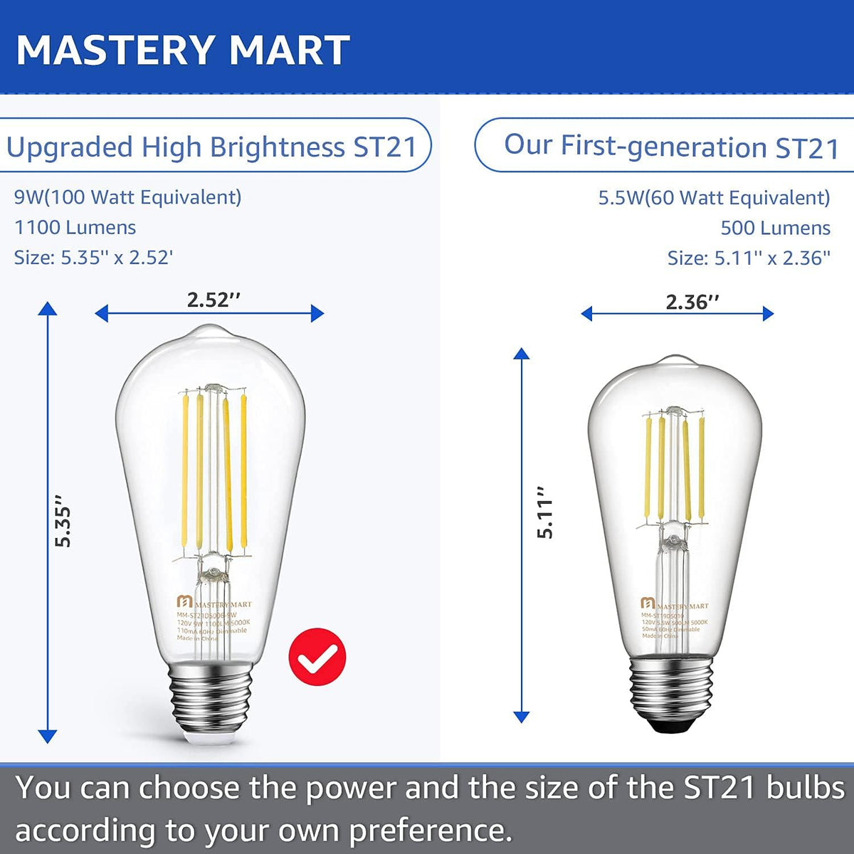 MASTERY MART 100 Watt LED Bulb, Edison Bulbs, Dimmable Lightbulbs E26, 5000K Daylight White Bright 9W 1100 Lumens, ST21/ST64 Vintage Lightbulb, UL Listed, Clear Glass, Decorative Light Bulb (10 Pack)