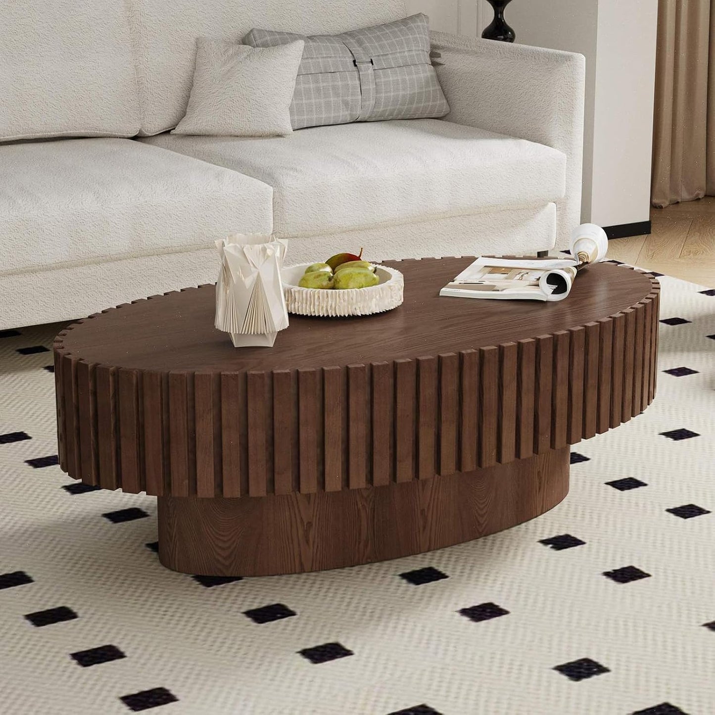 Mid Century Modern Oval Fluted Coffee Table (L) | Handcraft Drum Coffee Table, Sturdy Pedestal, Wood Veneer Top, for Living Room Reception Room Farmhouse