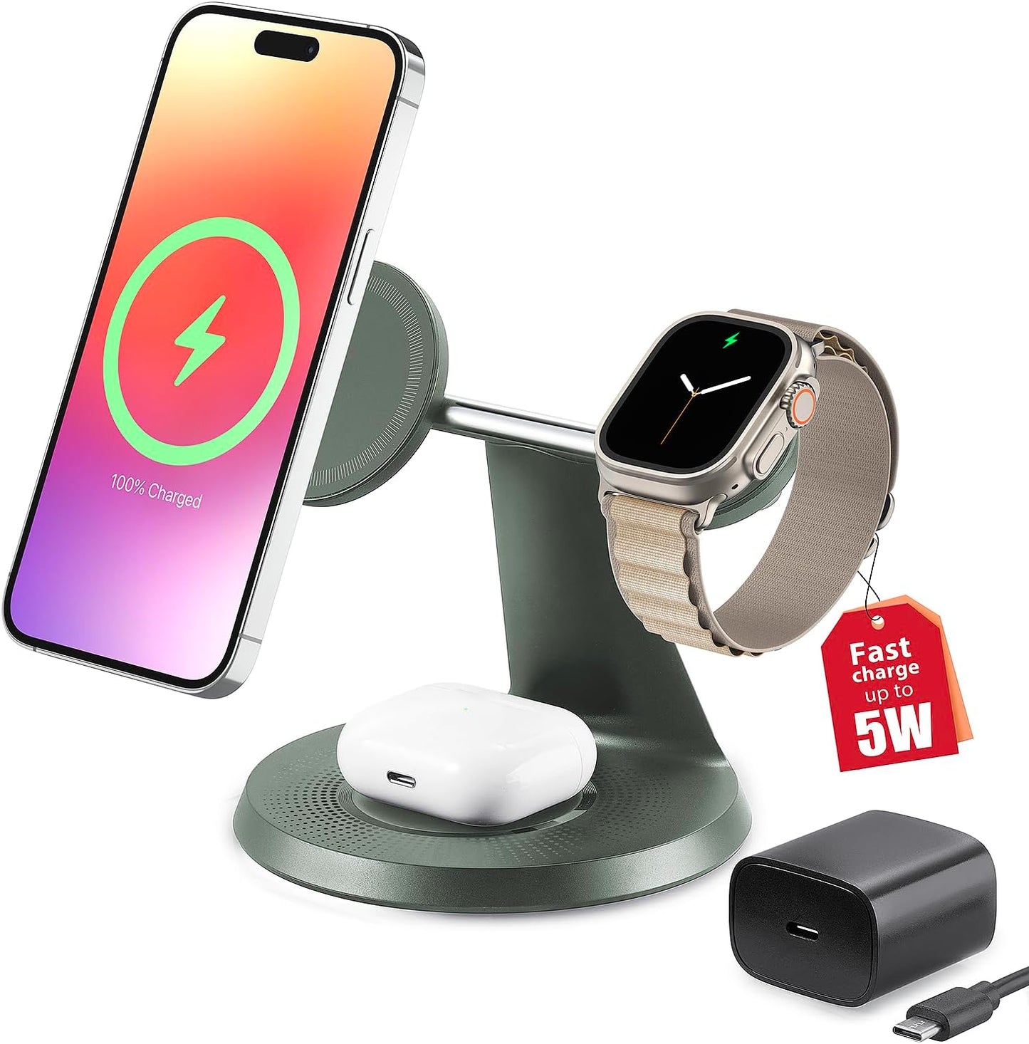 ZECHIN 3 in 1 Wireless Charging Station for Apple Devices with MagSafe | Charging for iPhone 17/Air/16/15/14/13, AirPods, Apple Watch, Weighted Stable Charging Stand, USB-C Adapter Included