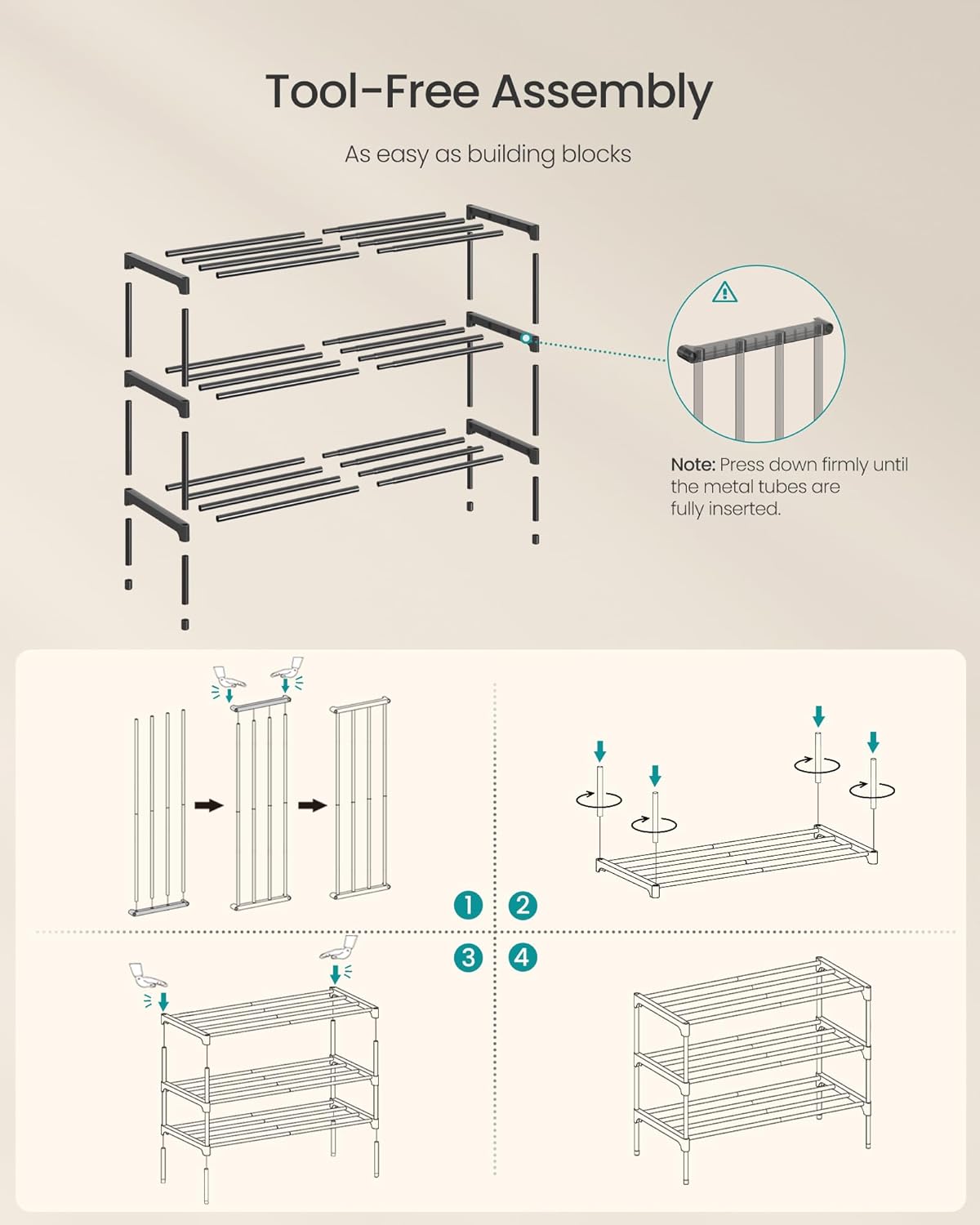 SONGMICS 3-Tier Shoe Rack for Closet, Compact Metal Shoe Organizer Shelf for Entryway, Bedroom, Small Spaces, Stackable, 11.8 x 24.5 x 19.1 Inches, Black ULSA123BH01