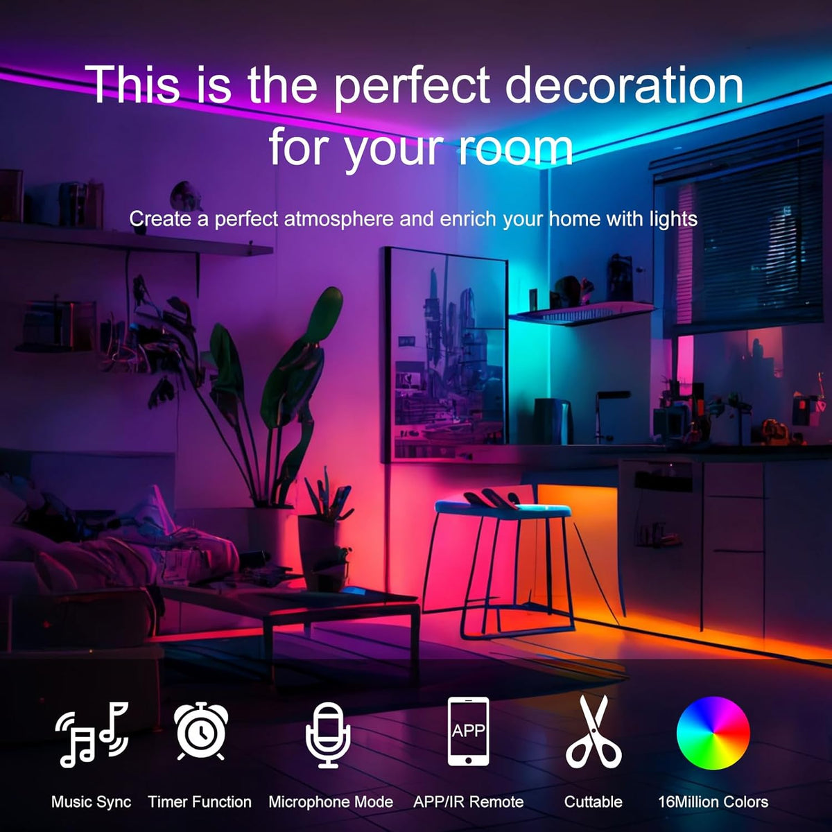 HBOWMDJIA Led Lights for Bedroom 200 FT (2 Rolls 100 FT), with Remote and Application Control RGB Color Changing LED Strip Lights, Music Synchronization, Used for Room, Family, Party Decoration
