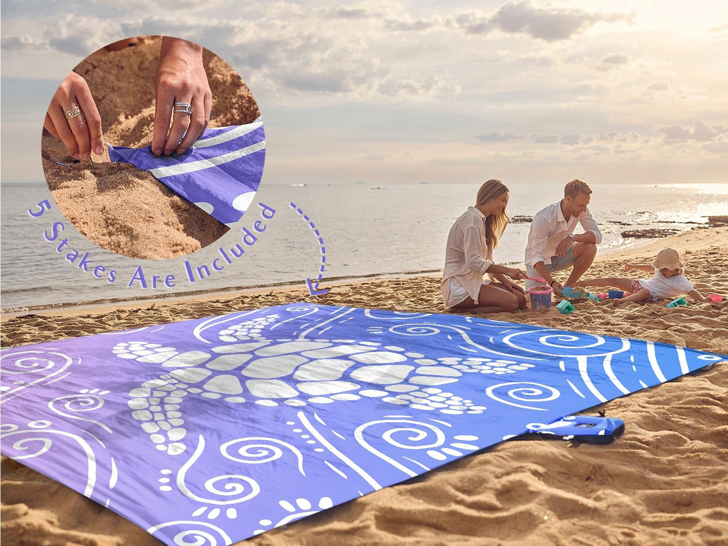 WEKAPO Beach Blanket Waterproof Sandproof Oversized Extra Large Sand Free Beach Mat with Stakes, Storage Bag - Essentials for Outdoor Beach, Picnic (Blue Purple Sea Turtle, 8 X 7 FT (1~4 Person))